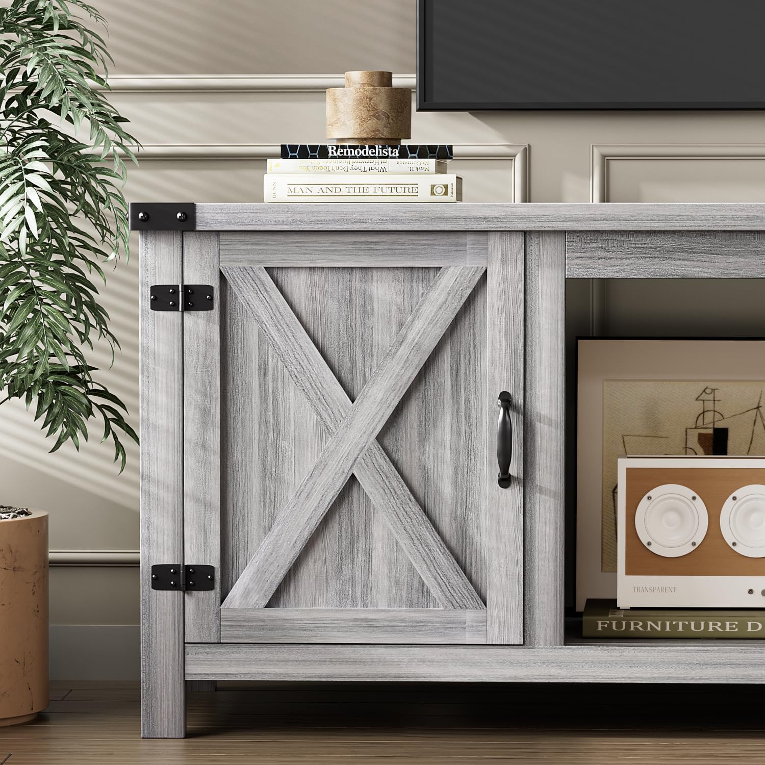 YESHOMY Meuble TV avec cheminée et deux portes de grange, armoires de rangement pour téléviseurs jusqu'à 65 pouces et plus, console de divertissement, meuble multimédia pour salon, 58 pouces