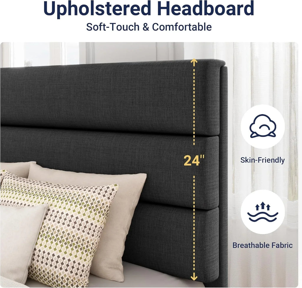 Cadre de lit plateforme Allewie Queen Size avec tête de lit rembourrée en tissu et support à lattes en bois, sommier entièrement rembourré (pas besoin de sommier)