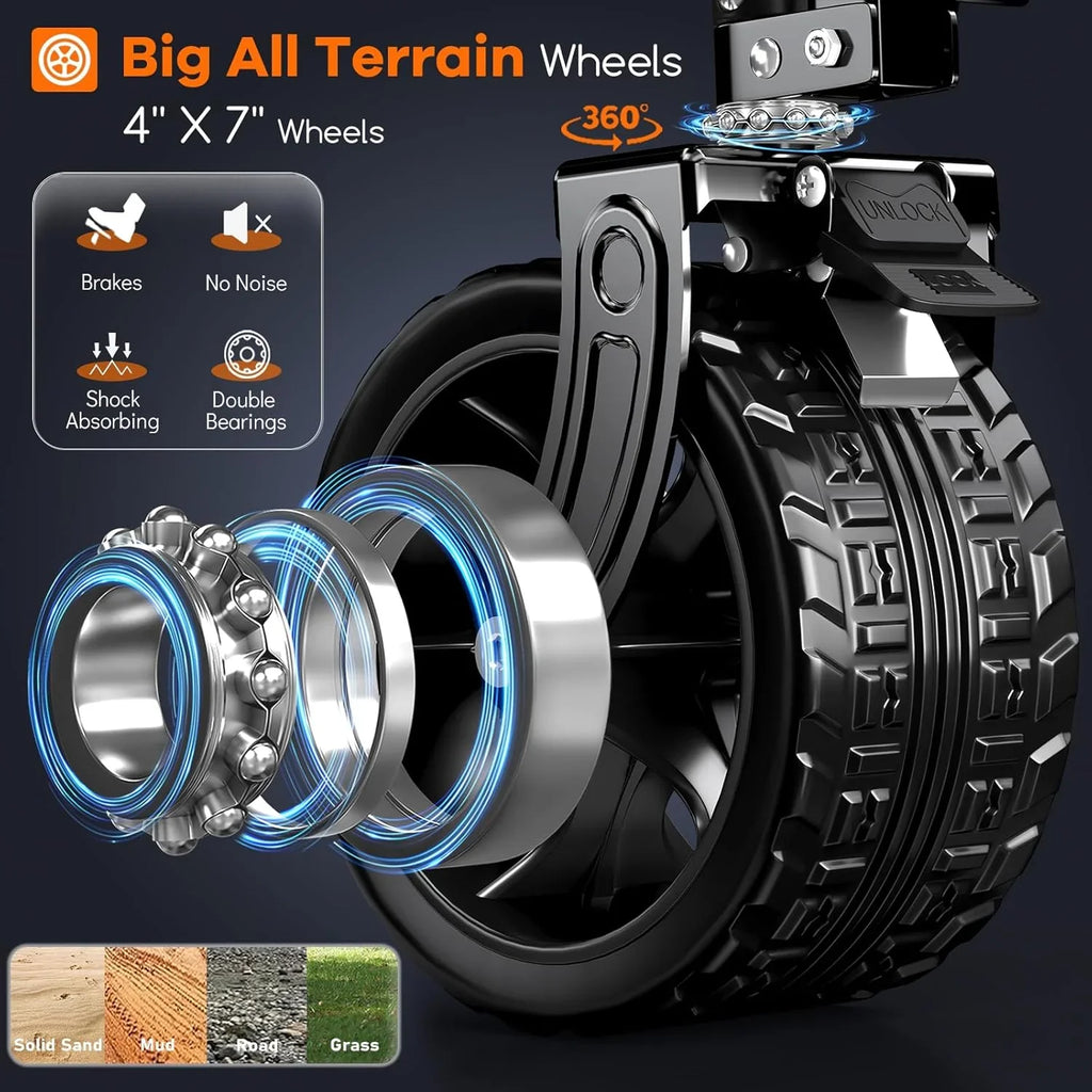 Poussette pliable à quatre roues de 96 cm de long, pliable, capacité de 200 kg, poussette de plage pliable robuste de 220 litres avec de grands pneus tout-terrain