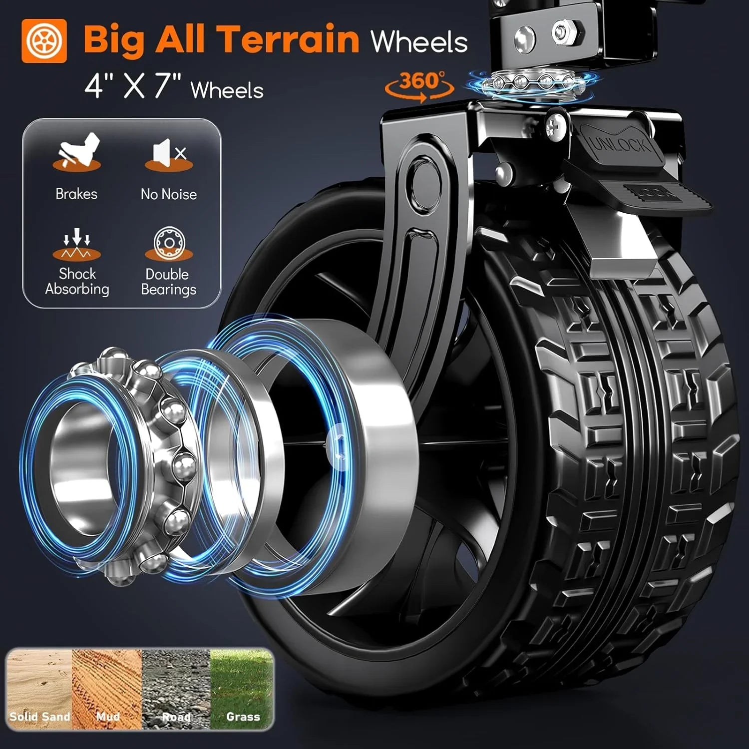 Poussette pliable à quatre roues de 96 cm de long, pliable, capacité de 200 kg, poussette de plage pliable robuste de 220 litres avec de grands pneus tout-terrain