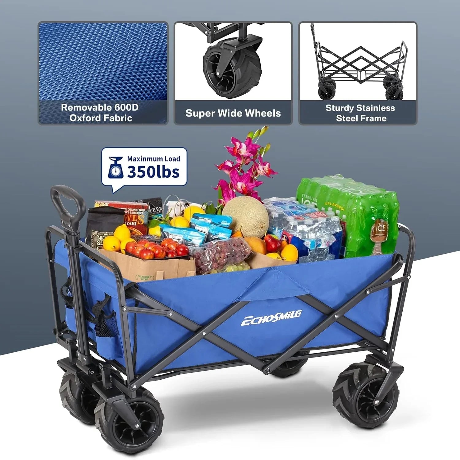 Caravane pliable robuste d'une capacité de 350 lb, caravane de camping pliante extérieure, chariot d'épicerie portable, chariot roulant réglable