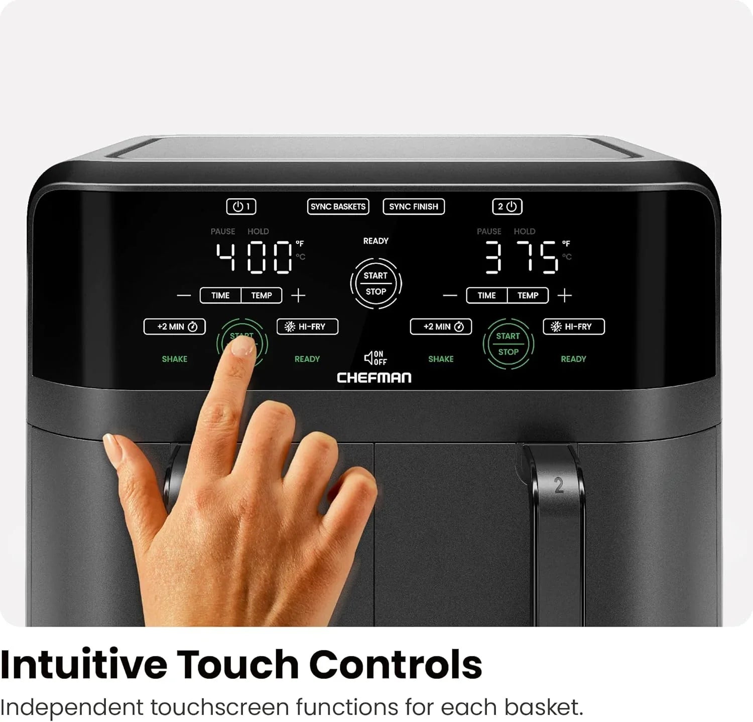 Friteuse à air double panier Chefman 6 pintes - Écran tactile numérique, finition Smart Sync, friture haute température, arrêt automatique, 2 poêles antiadhésives indépendantes de 3 pintes, paniers lavables au lave-vaisselle