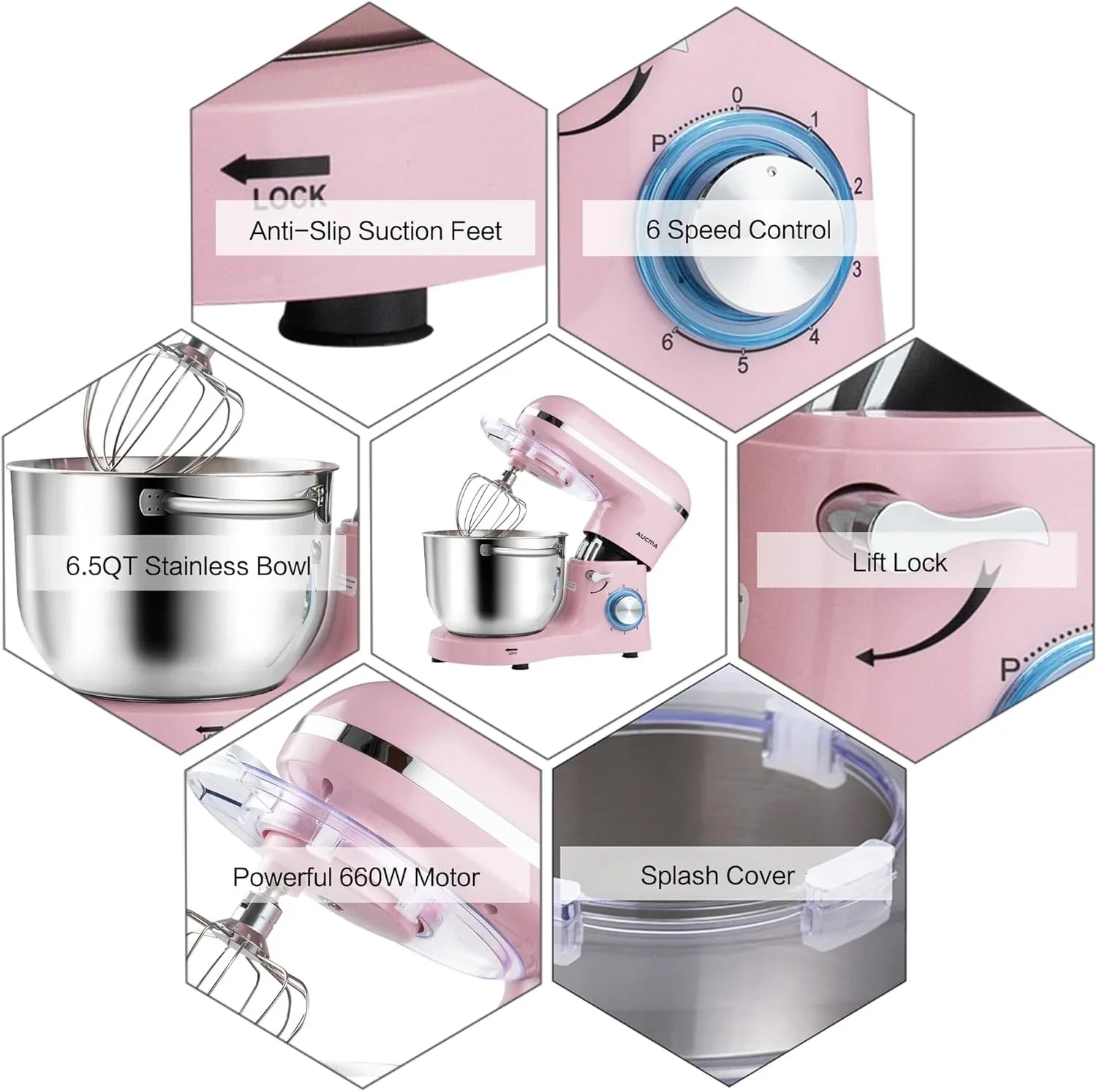 Batteur sur socle Aucma, 6,5 pintes, 660 W, 6 vitesses, tête inclinable, batteur électrique de cuisine avec crochet pétrisseur