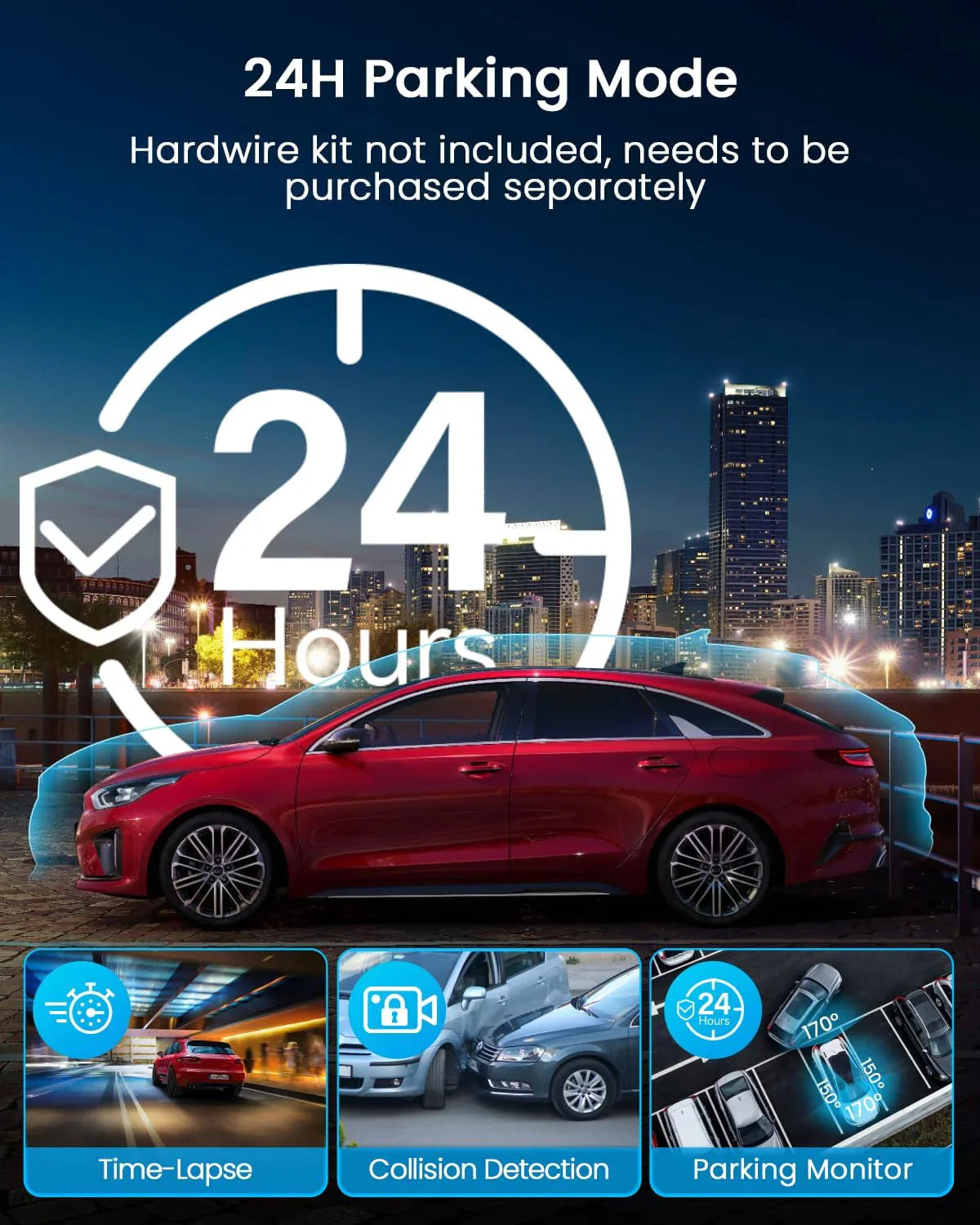 Channel Dashcam met 360° beeld, 1080p resolutie, 8 infraroodlampen voor nachtzicht, 5G wifi en app-bediening, accelerometer, parkeermodus en een gratis 128GB SD-kaart. 