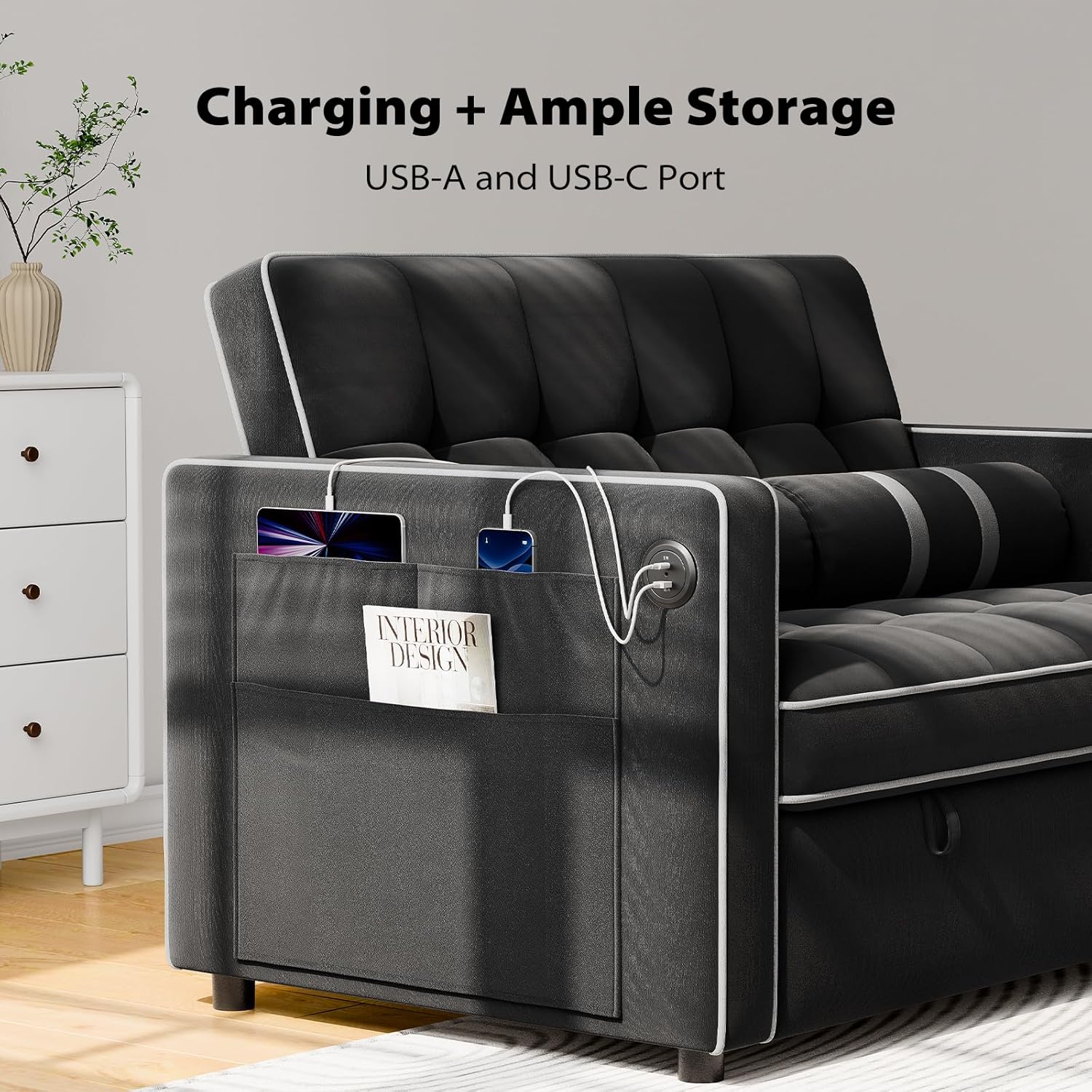 Canapé-lit convertible 3 en 1 Pipishell, canapé-lit gigogne de salon avec port USB et poches latérales