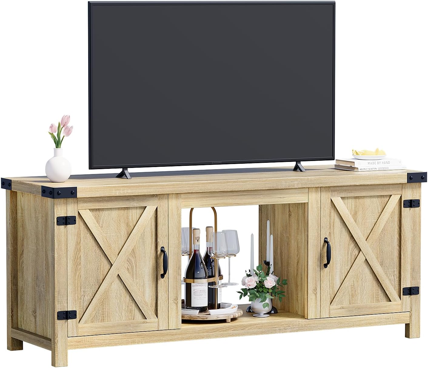 YESHOMY Meuble TV avec cheminée et deux portes de grange, armoires de rangement pour téléviseurs jusqu'à 65 pouces et plus, console de divertissement, meuble multimédia pour salon, 58 pouces
