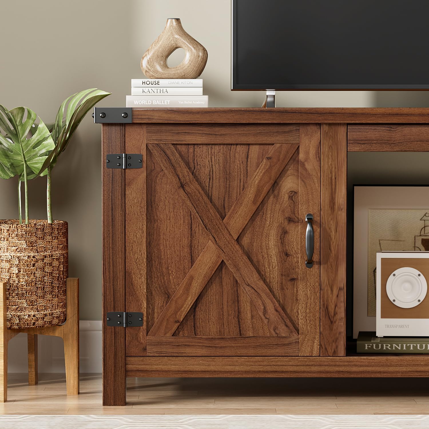 YESHOMY Meuble TV avec cheminée et deux portes de grange, armoires de rangement pour téléviseurs jusqu'à 65 pouces et plus, console de divertissement, meuble multimédia pour salon, 58 pouces