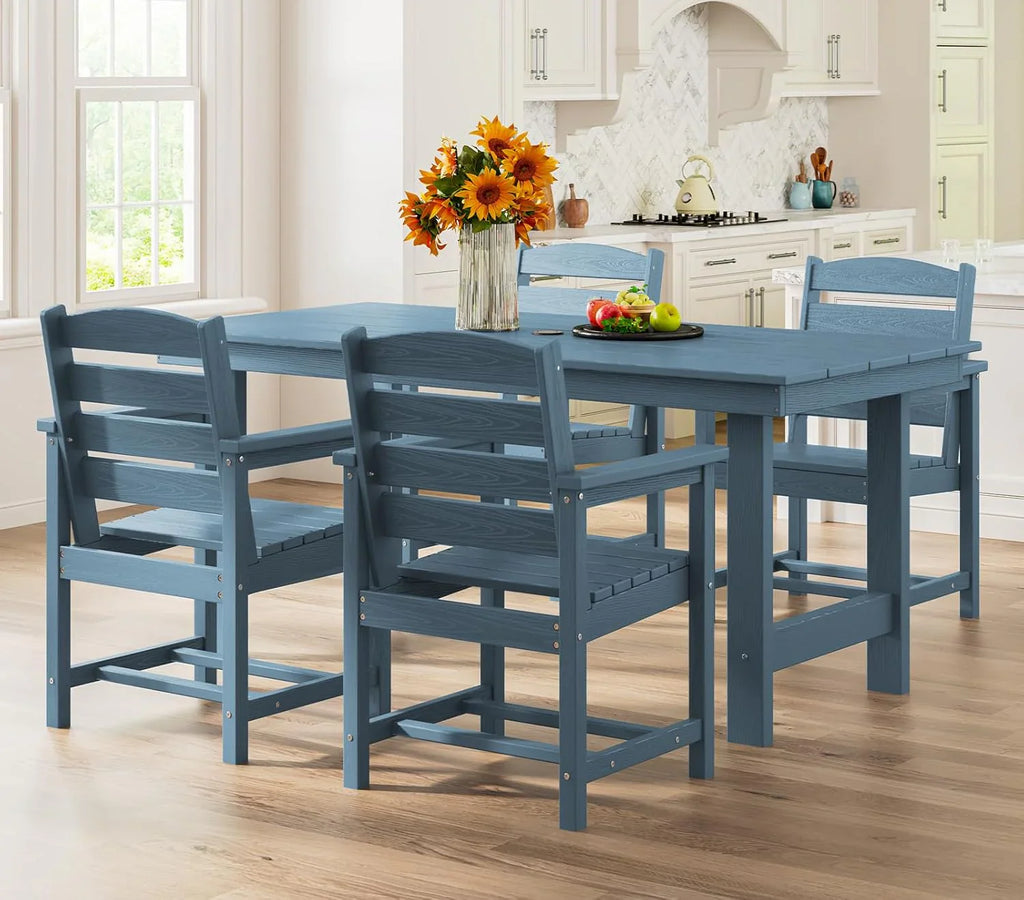 Ensemble de salle à manger d'extérieur en PEHD, 7 pièces, avec table découpée pour parasol et 6 chaises