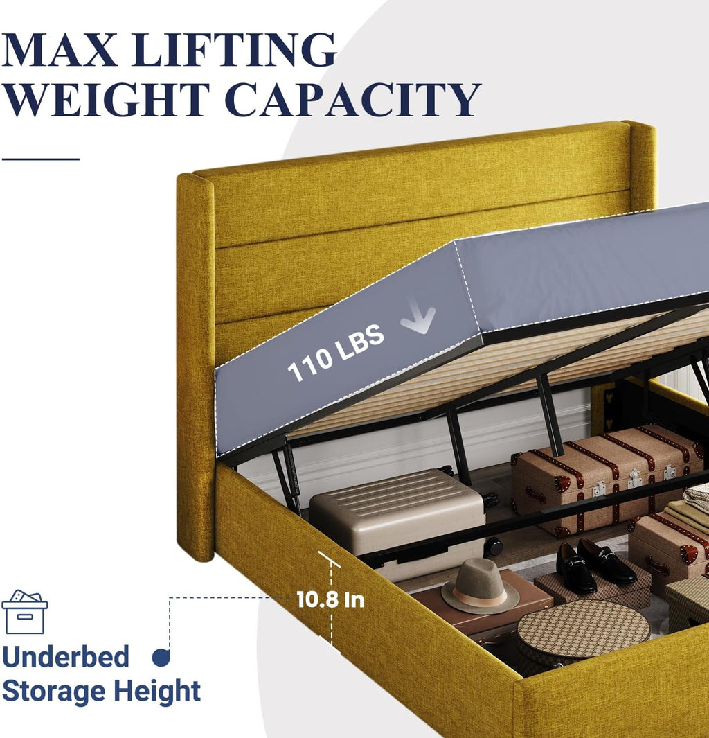 Lit queen-size relevable avec rangement Allewie, tête de lit à oreilles moderne et support hydraulique