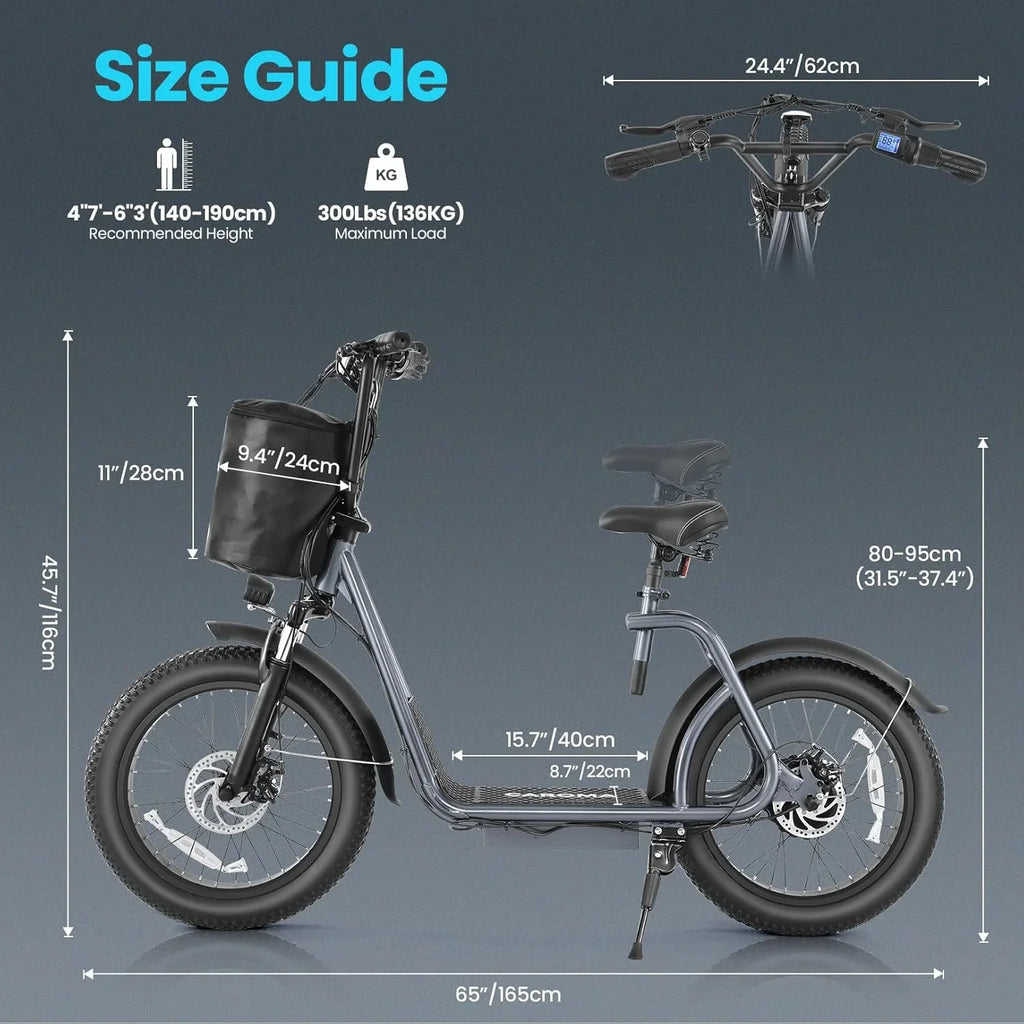 Trottinette électrique pliable Caroma Peak 800 W pour adulte avec pneus de 20 pouces de large, batterie 48 V, panier et siège réglable.
