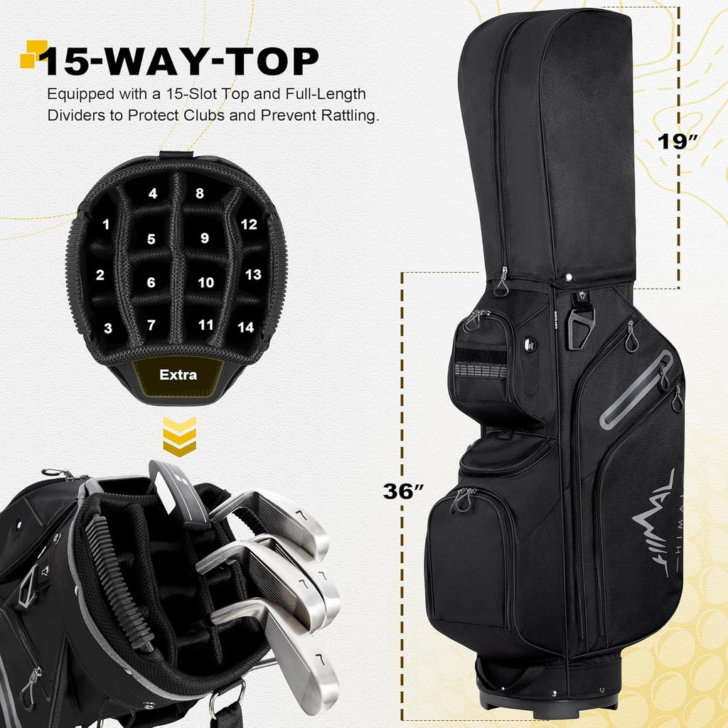 Sac de chariot de golf, organiseur à 15 compartiments, compartiment supérieur avec poignées et housse de pluie