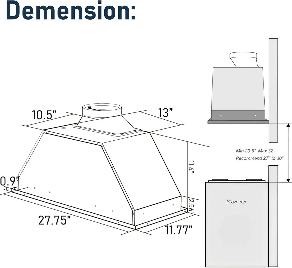 Hotte de cuisine encastrable/enfichable IKTCH 30 po 900 pi³/min, avec ou sans conduit, convertible en acier inoxydable