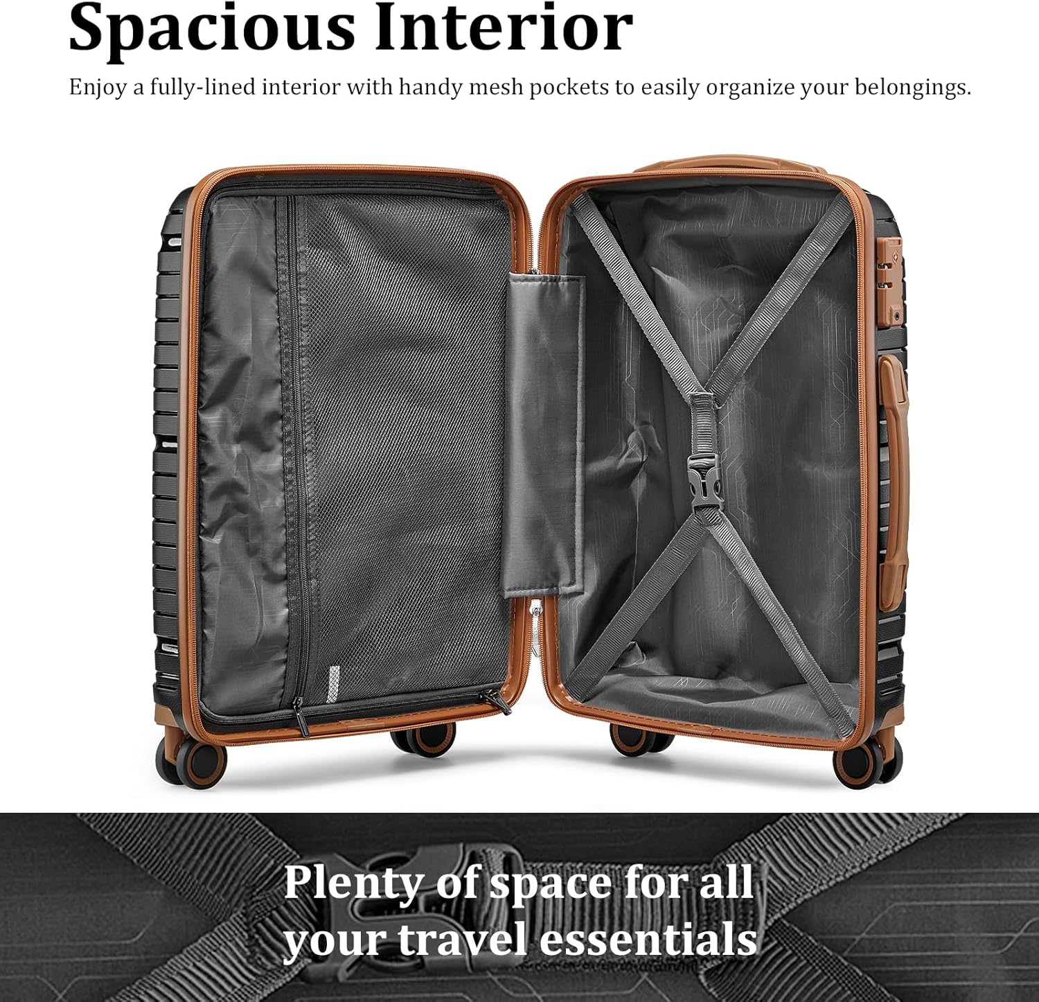 Ensemble de 5 valises de voyage légères à coque rigide en PP avec deux roulettes pivotantes et serrure TSA