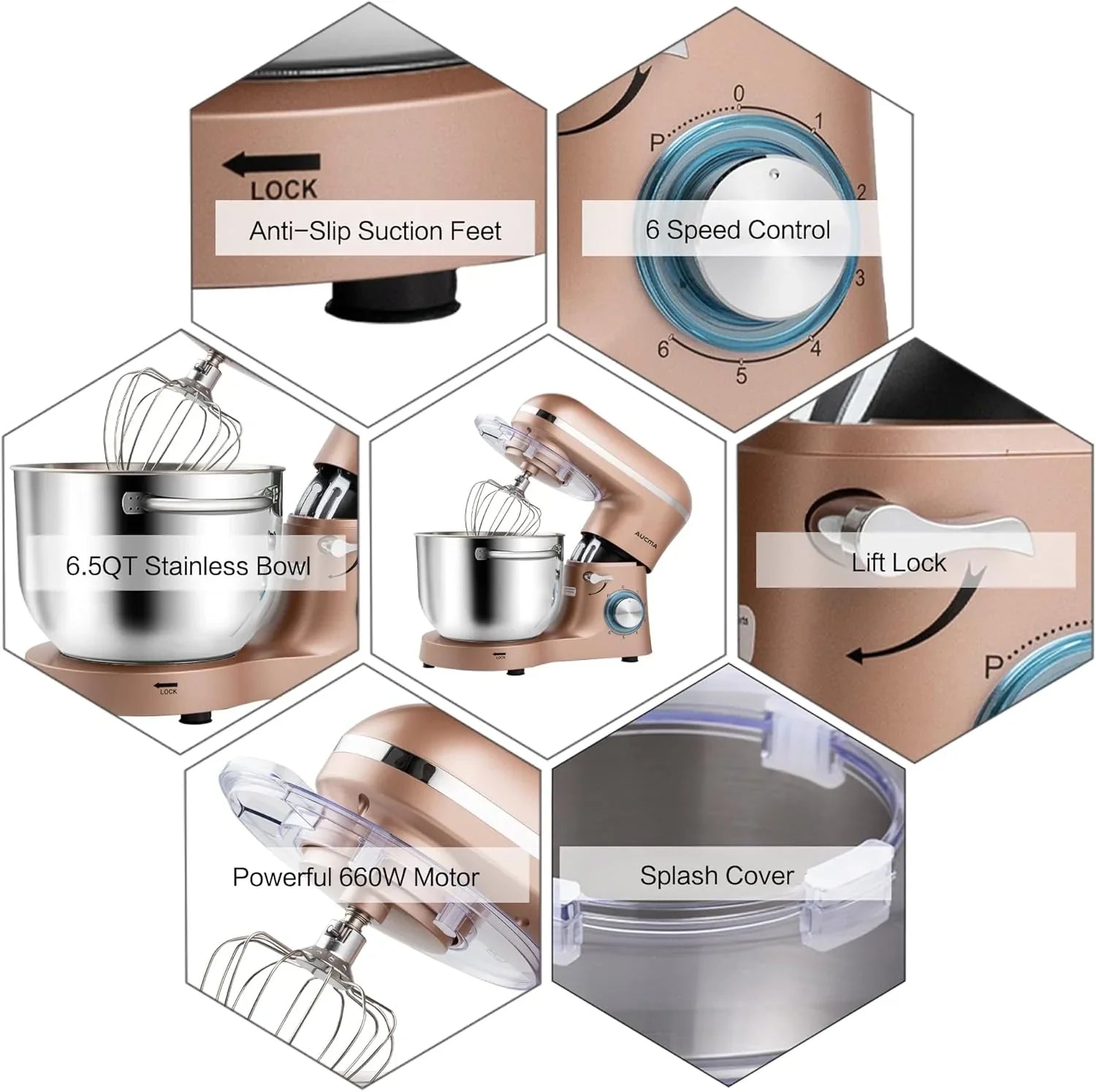 Batteur sur socle Aucma, 6,5 pintes, 660 W, 6 vitesses, tête inclinable, batteur électrique de cuisine avec crochet pétrisseur