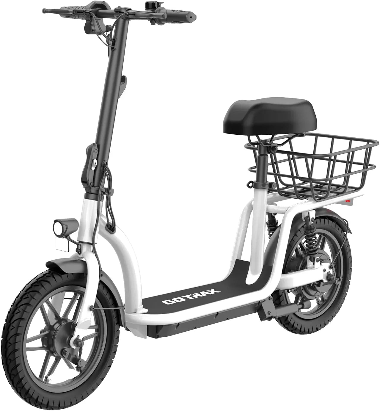 Trottinette électrique adulte Gotrax avec siège, autonomie maximale de 19 à 25 miles, pneus tout-terrain, pédales larges, siège rembourré et nacelle