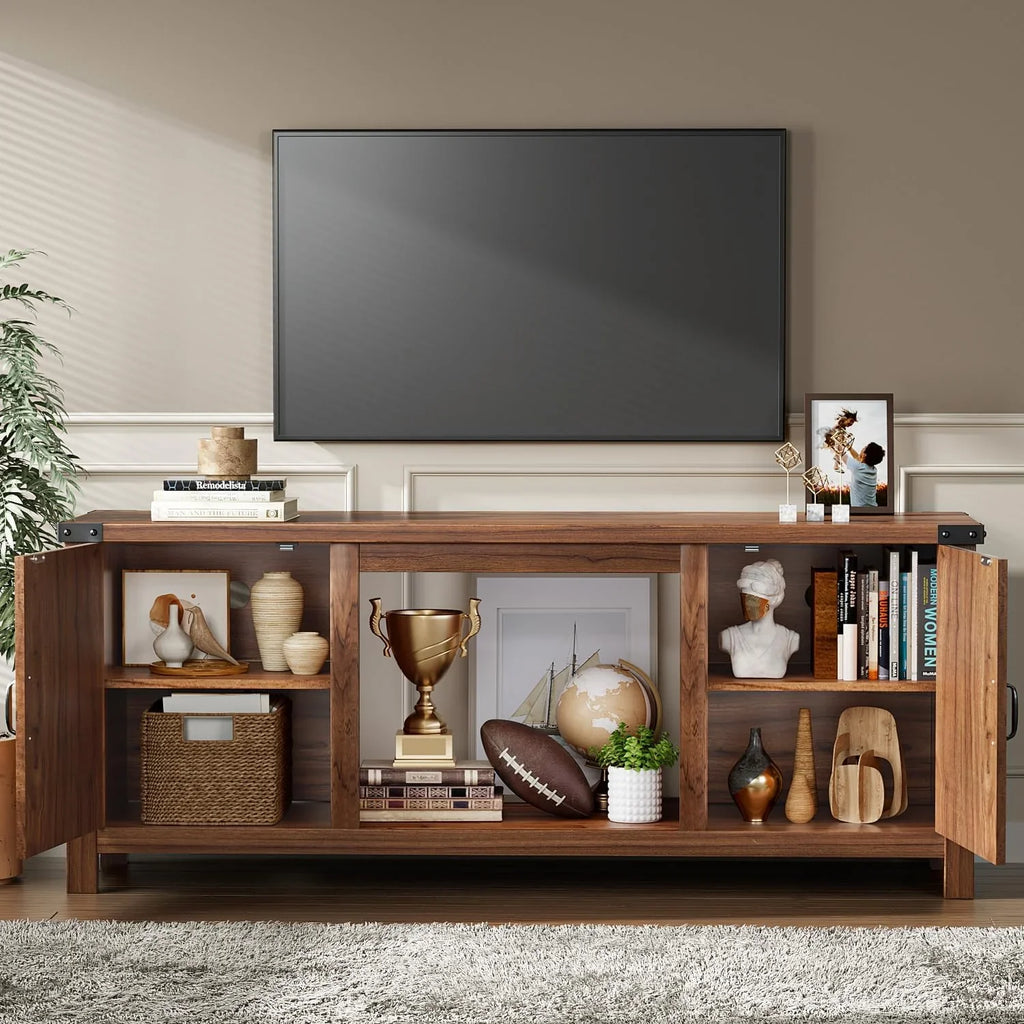 YESHOMY Meuble TV avec cheminée et deux portes de grange, armoires de rangement pour téléviseurs jusqu'à 65 pouces et plus, console de divertissement, meuble multimédia pour salon, 58 pouces