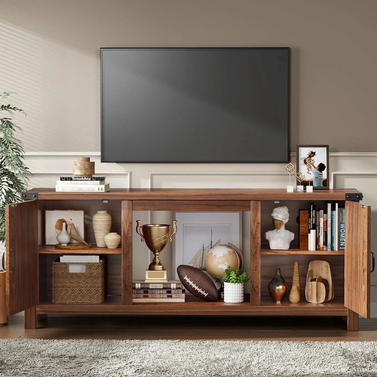 YESHOMY Meuble TV avec cheminée et deux portes de grange, armoires de rangement pour téléviseurs jusqu'à 65 pouces et plus, console de divertissement, meuble multimédia pour salon, 58 pouces