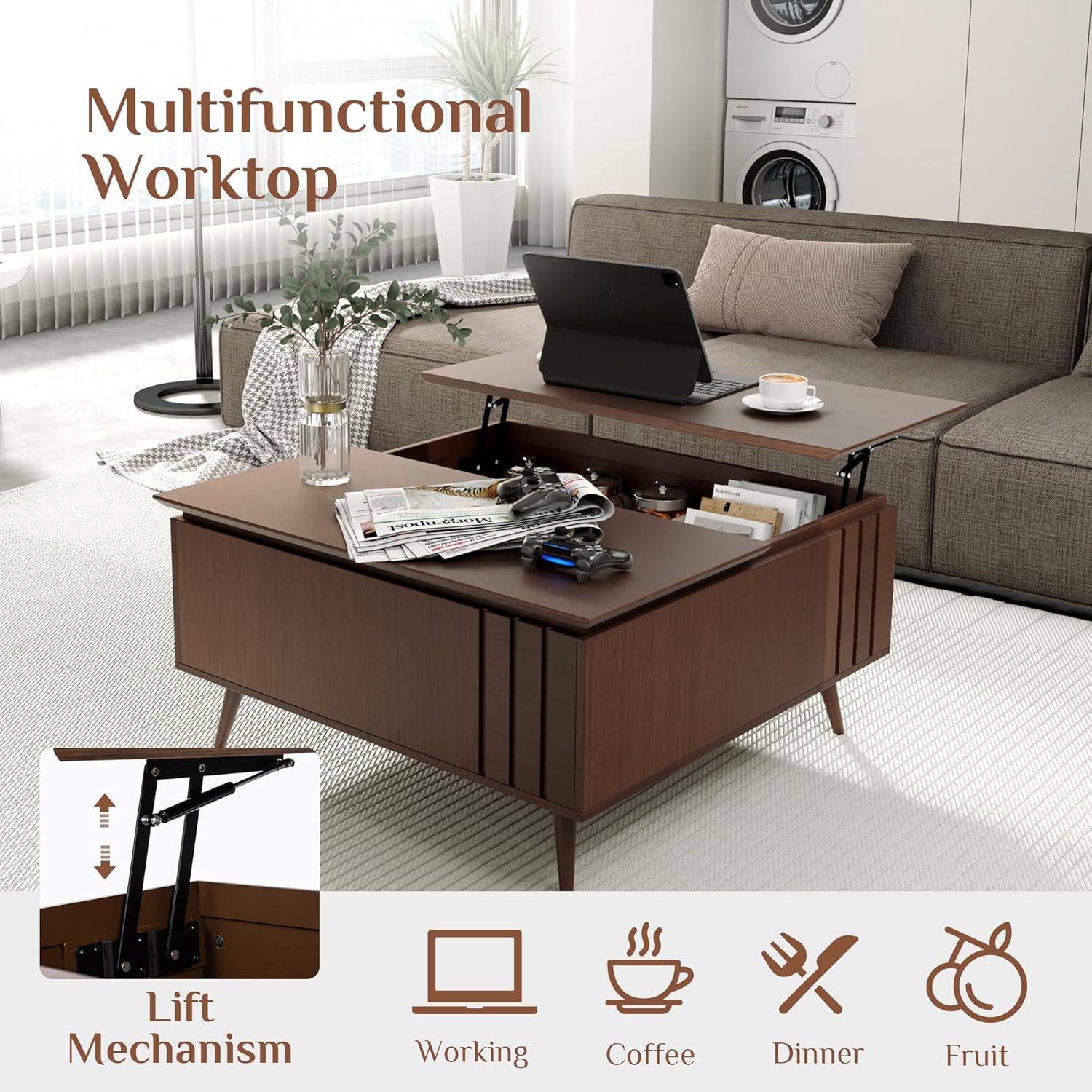 Table basse ronde avec rangement, table centrale encastrée avec portes coulissantes