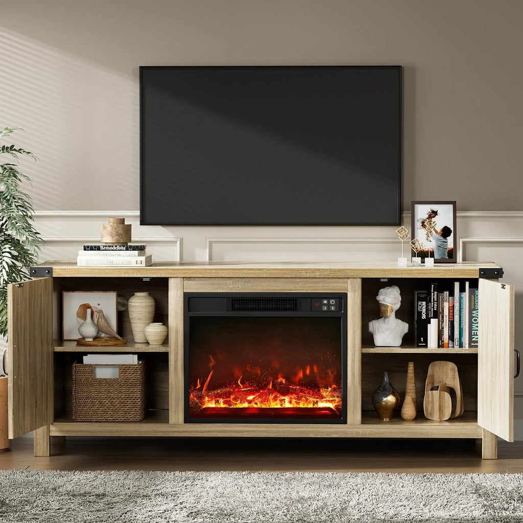 YESHOMY Meuble TV avec cheminée et deux portes de grange, armoires de rangement pour téléviseurs jusqu'à 65 pouces et plus, console de divertissement, meuble multimédia pour salon, 58 pouces
