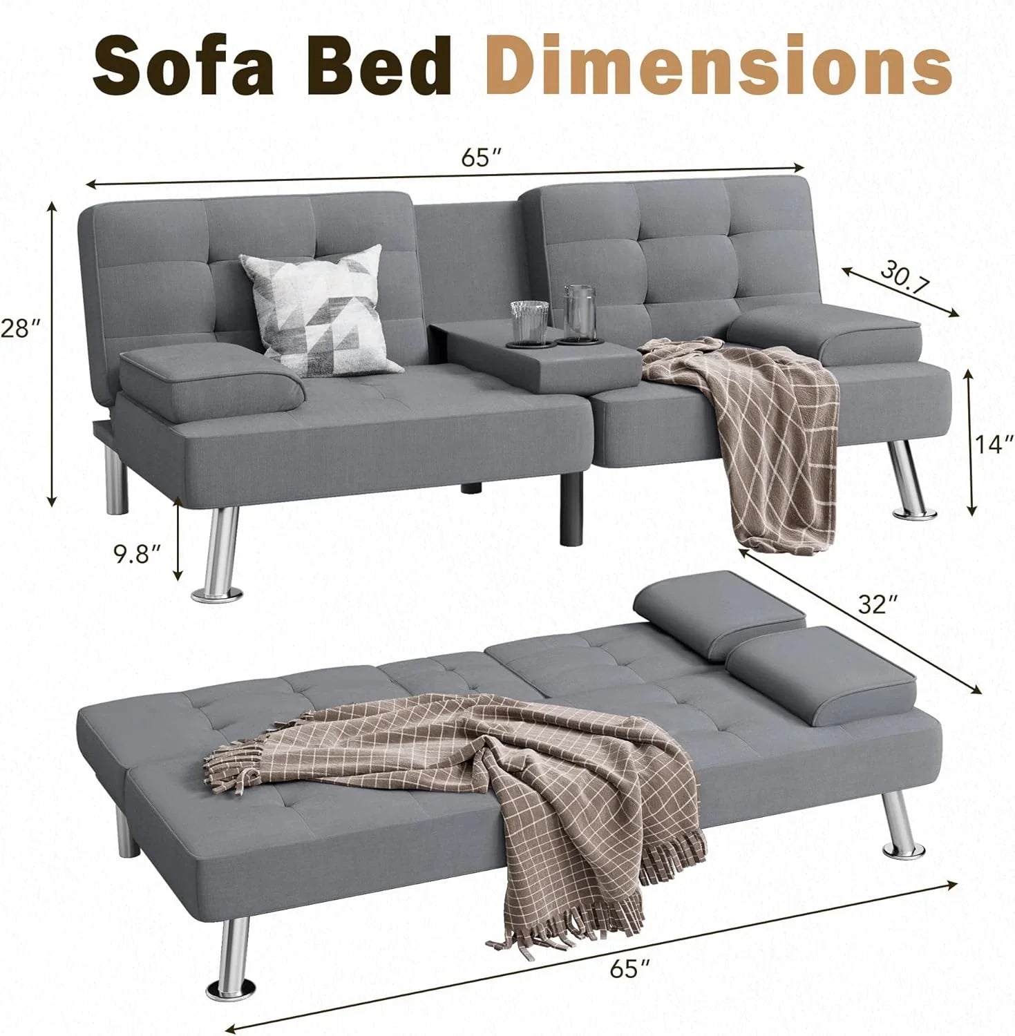 Canapé-lit futon convertible et pliable en lin moderne Shahoo avec accoudoirs amovibles, pieds en métal et 2 porte-gobelets pour le salon