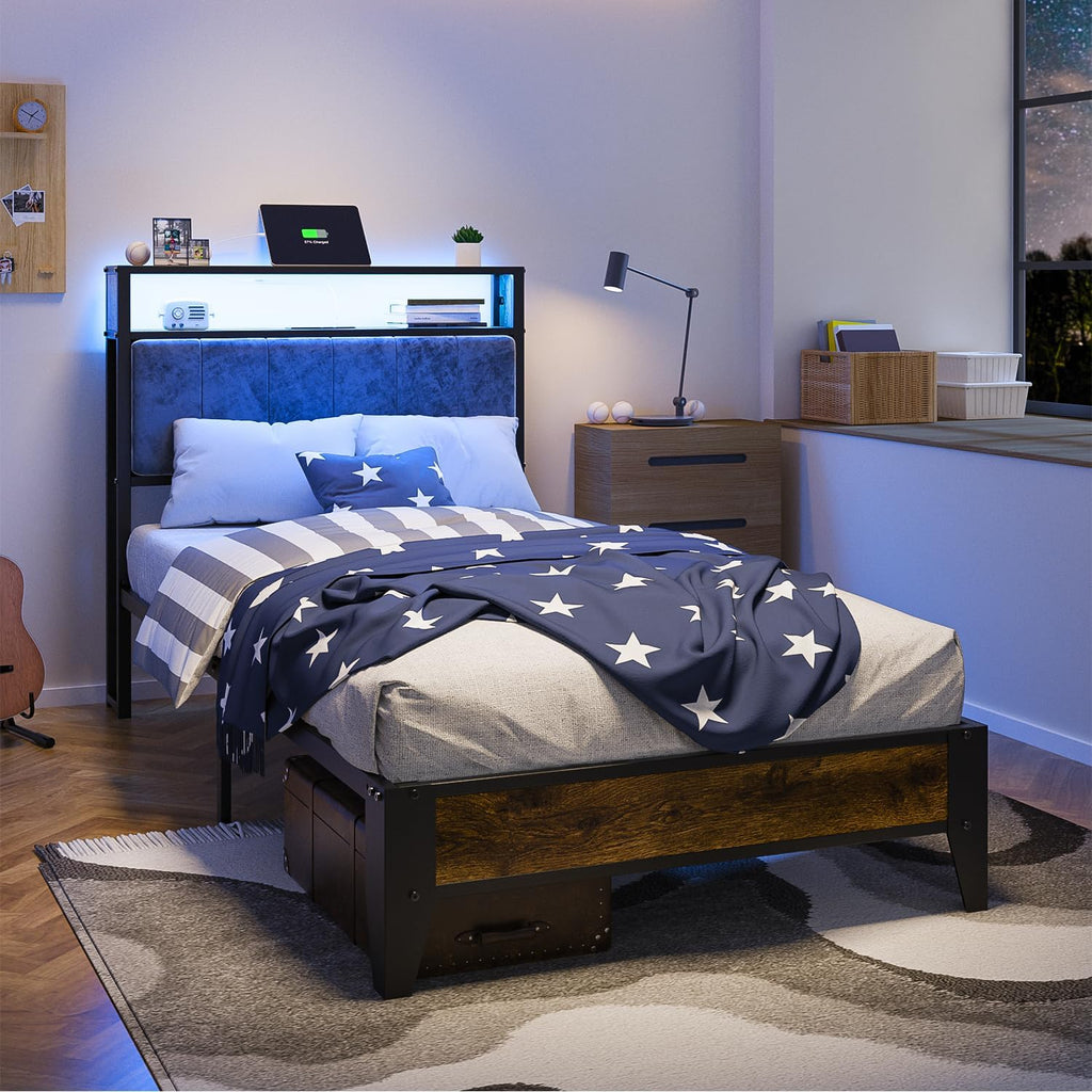 Cadre de lit simple OLEVS avec tête de lit et station de charge de type C