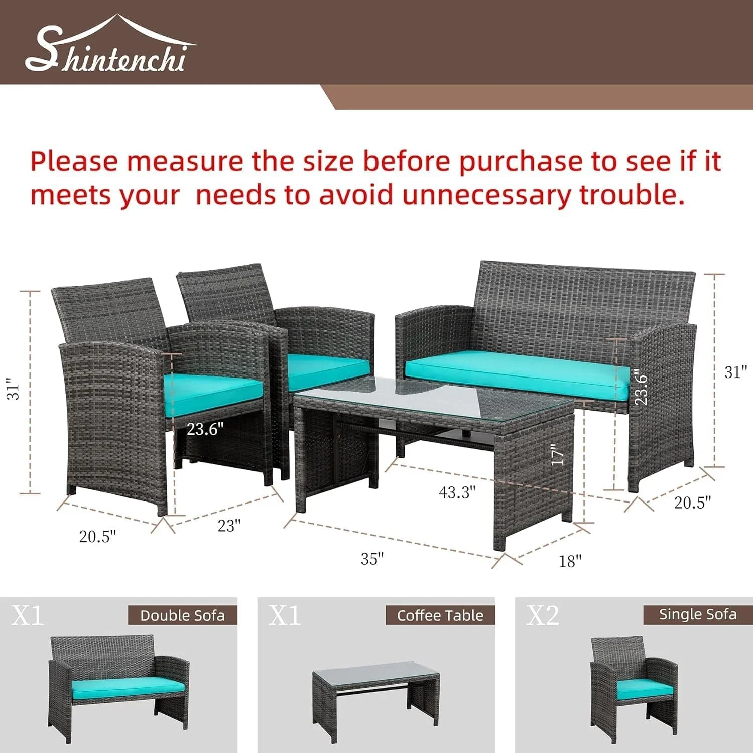 Ensemble de meubles de jardin en rotin Shintenchi 4 pièces, ensemble de conversation en osier