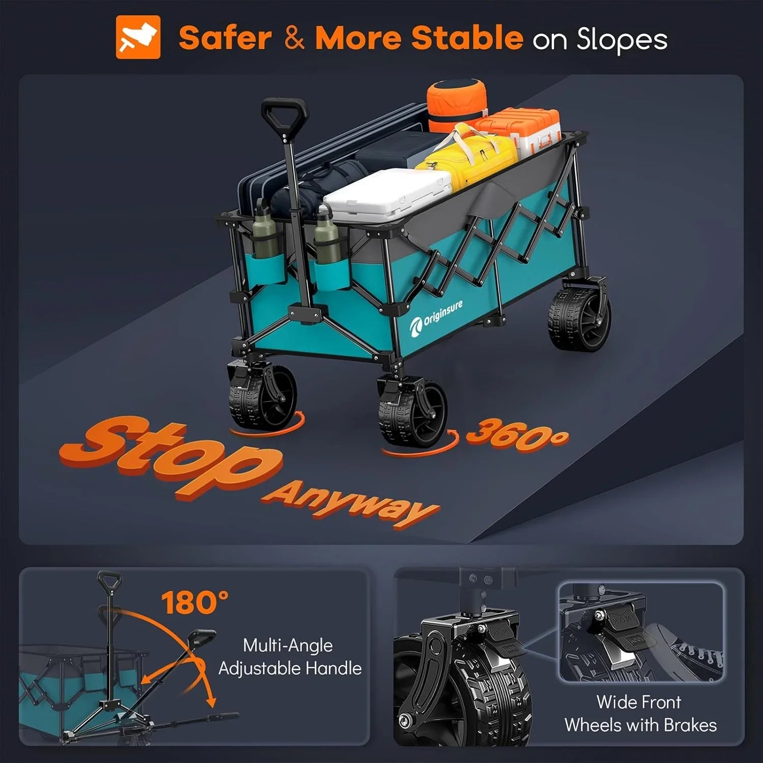 Poussette pliable à quatre roues de 96 cm de long, pliable, capacité de 200 kg, poussette de plage pliable robuste de 220 litres avec de grands pneus tout-terrain