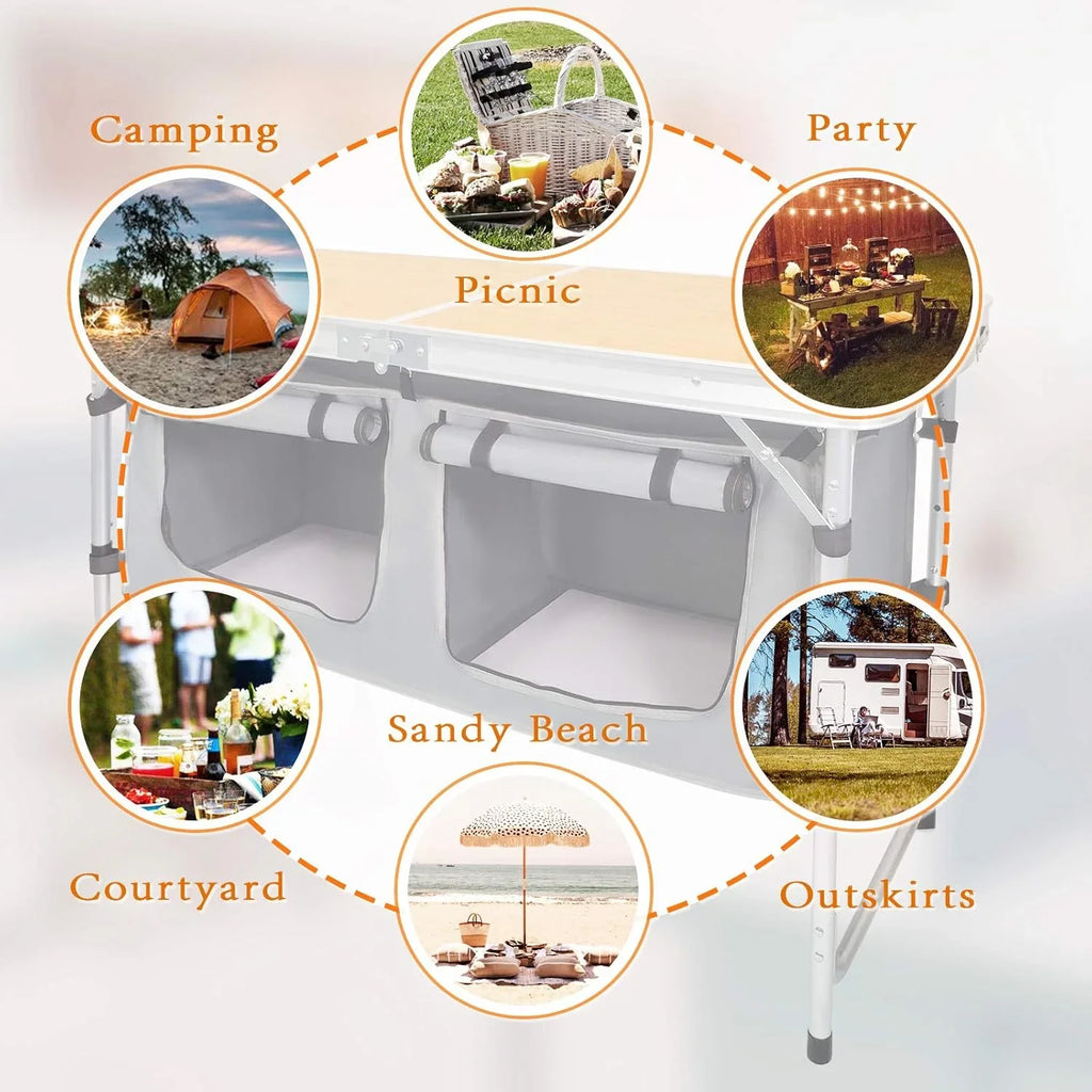 Table pliante d'extérieur en aluminium, légère, réglable en hauteur, avec rangement, pour barbecue, fête, camping
