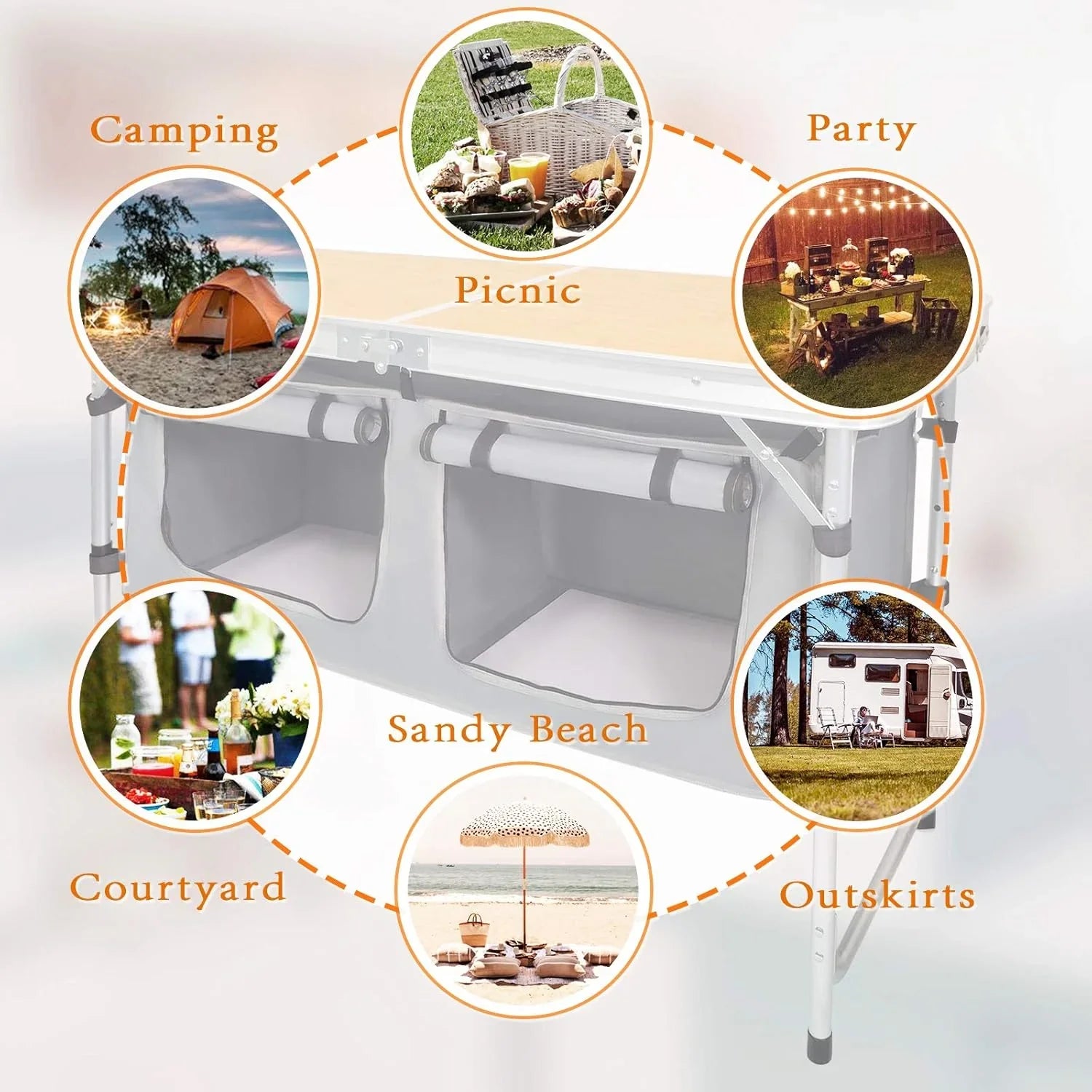 Table pliante d'extérieur en aluminium, légère, réglable en hauteur, avec rangement, pour barbecue, fête, camping