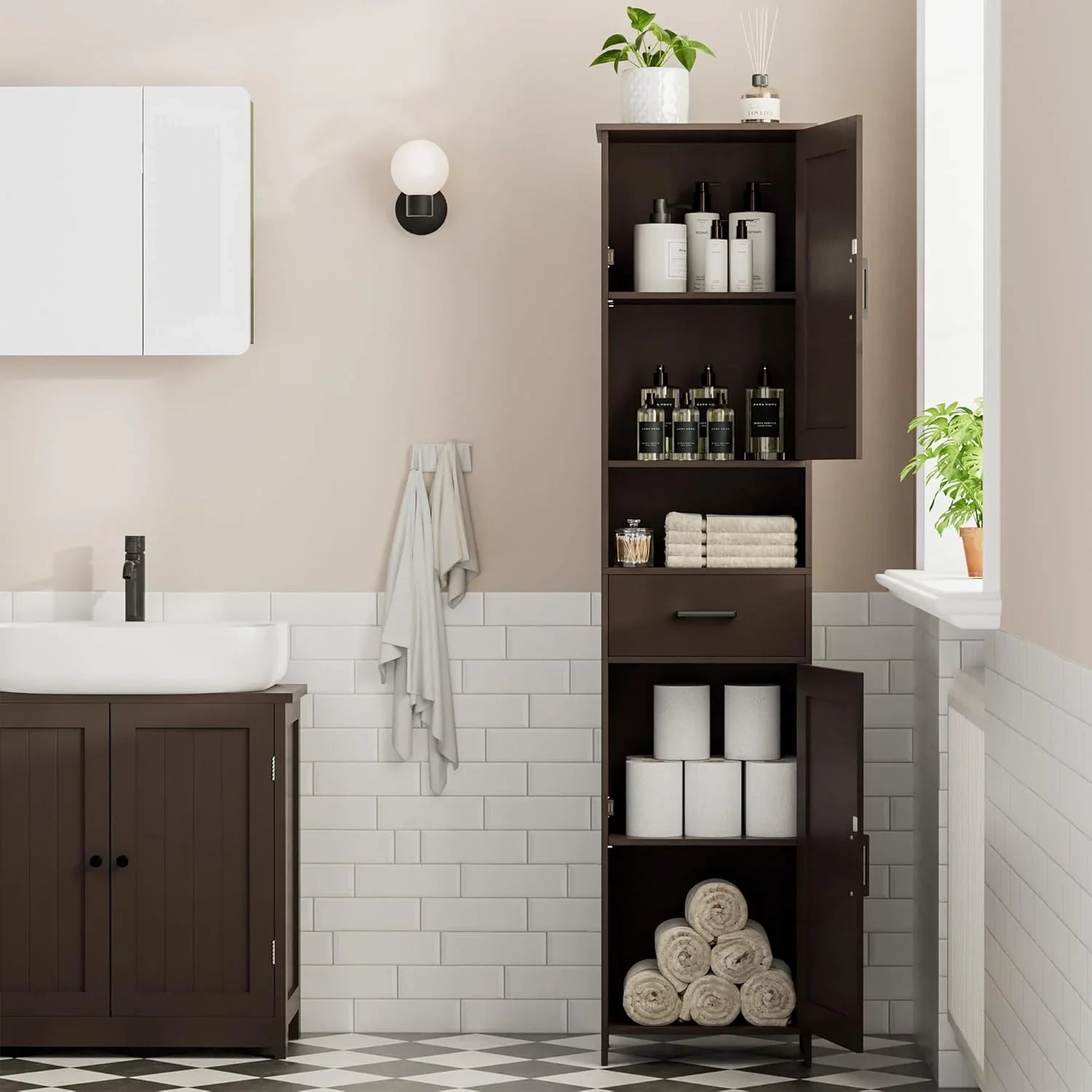 Meuble de rangement de salle de bain Homhedy de 67 po de hauteur avec 2 portes de grange et 1 tiroir