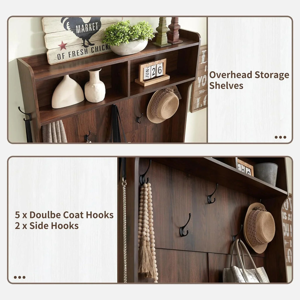 JXQTLINGMU Arbre de foyer de ferme de 59 pouces avec rangement pour chaussures, banc d'entrée, porte-manteau, armoire
