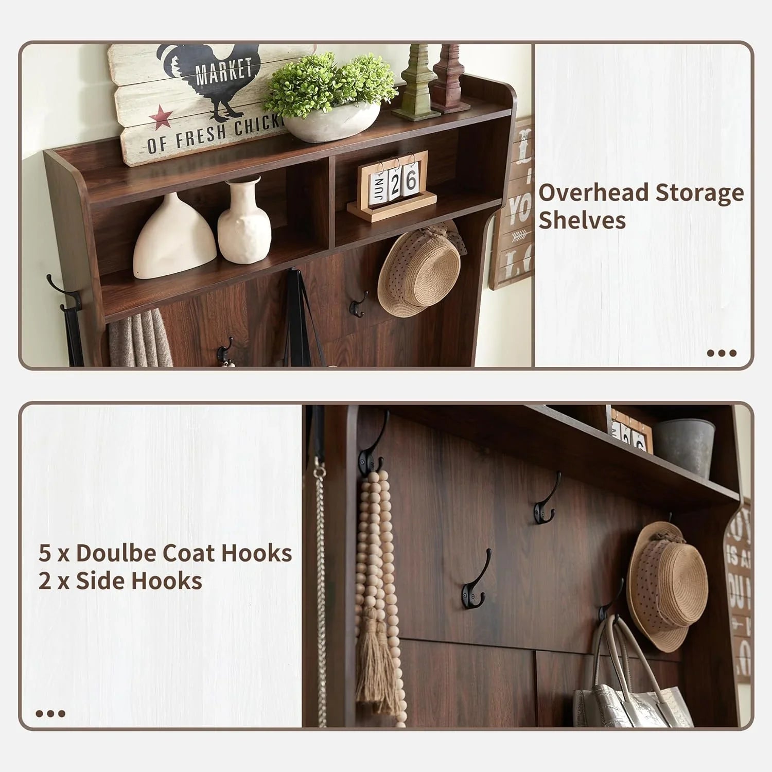 JXQTLINGMU Arbre de foyer de ferme de 59 pouces avec rangement pour chaussures, banc d'entrée, porte-manteau, armoire