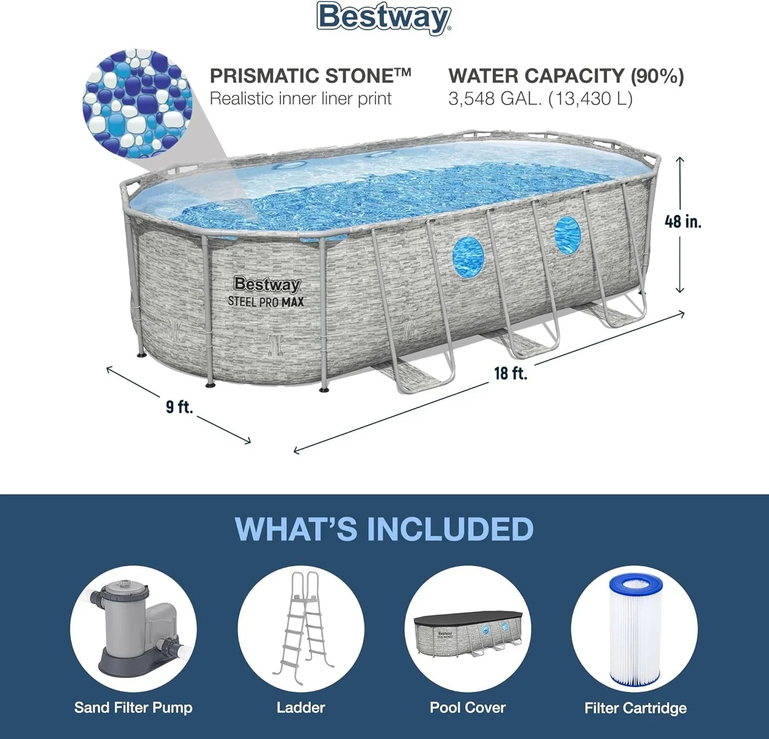 Piscine hors sol Power Steel Swim Vista Série II 4,3 m x 2,4 m x 100 cm avec pompe de filtration de 530 gal/h, échelle et bâche de protection.