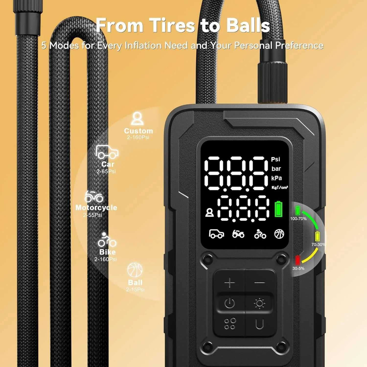 Compresseur d'air portable pour gonfler les pneus - 4 vitesses, 160 PSI, sans fil, avec manomètre