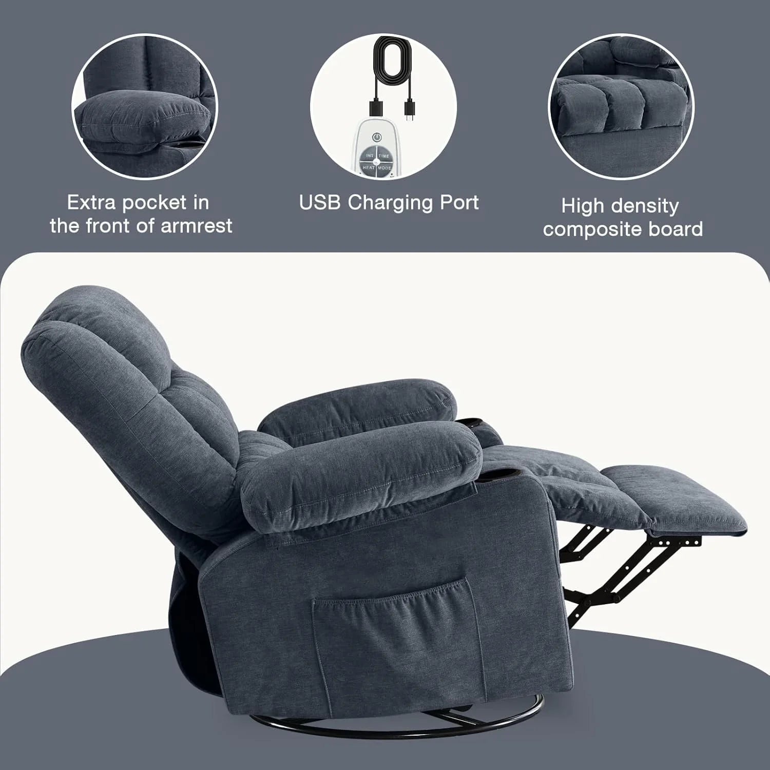 Fauteuil de massage rotatif à bascule avec fonctions de massage par vibration et de mesure des calories