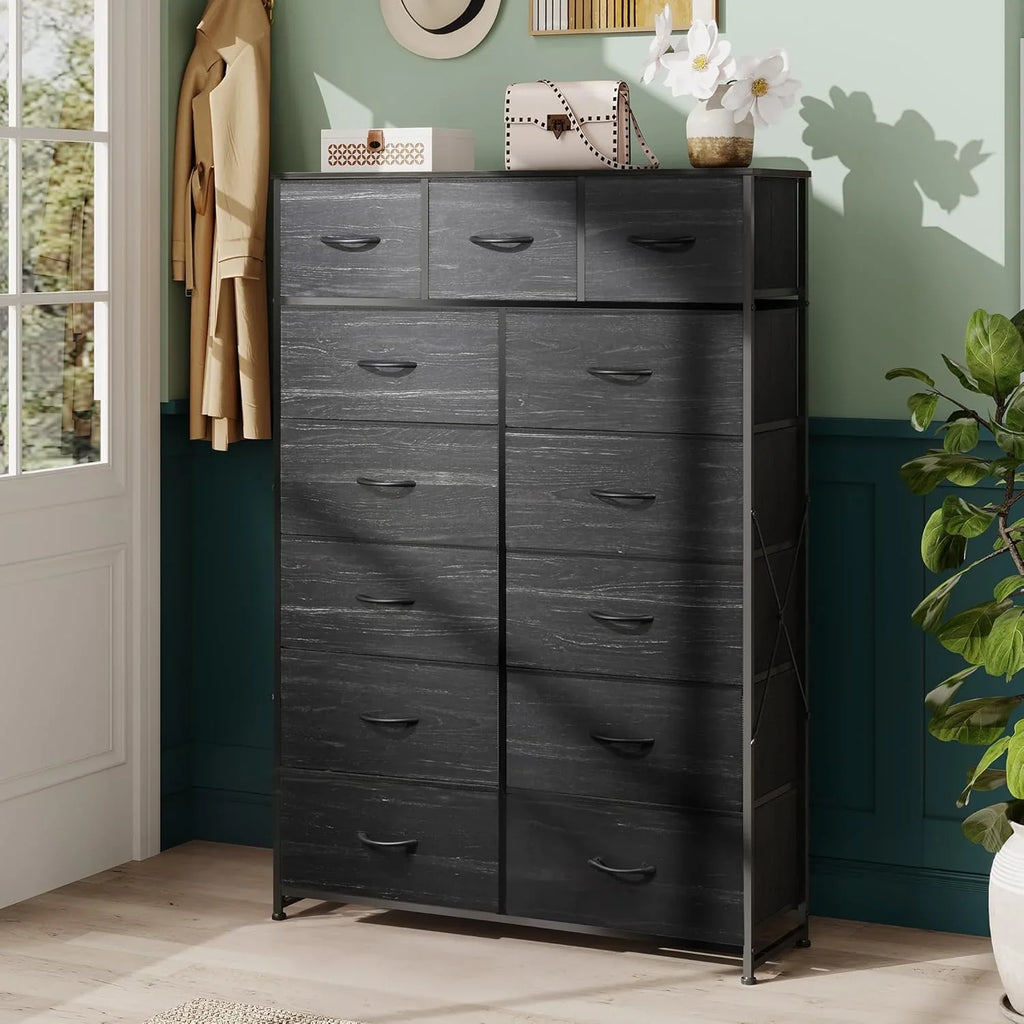 Meuble de rangement WLIVE avec 13 bacs en tissu, tiroirs de rangement avec cadre en acier, grande tour de rangement pour salon, couloir, bureau, noir anthracite