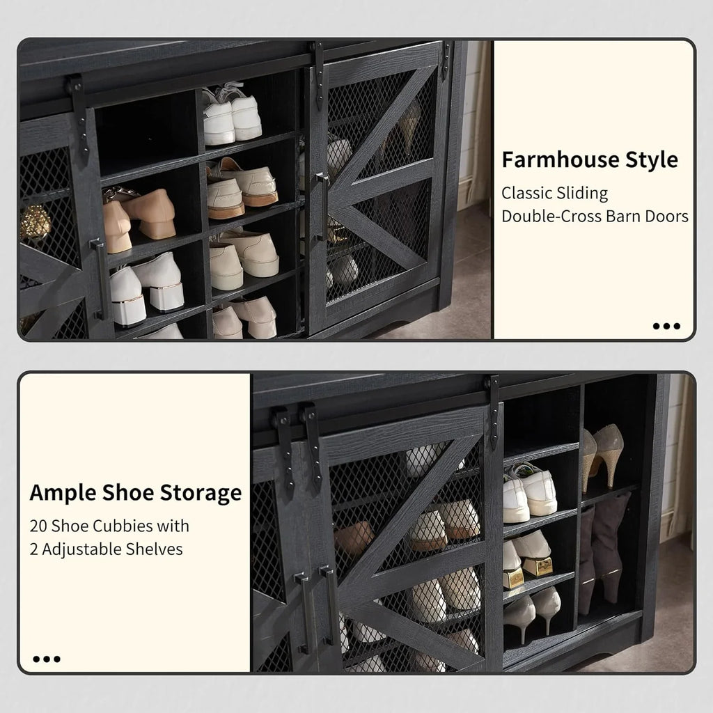 JXQTLINGMU Arbre de foyer de ferme de 59 pouces avec rangement pour chaussures, banc d'entrée, porte-manteau, armoire