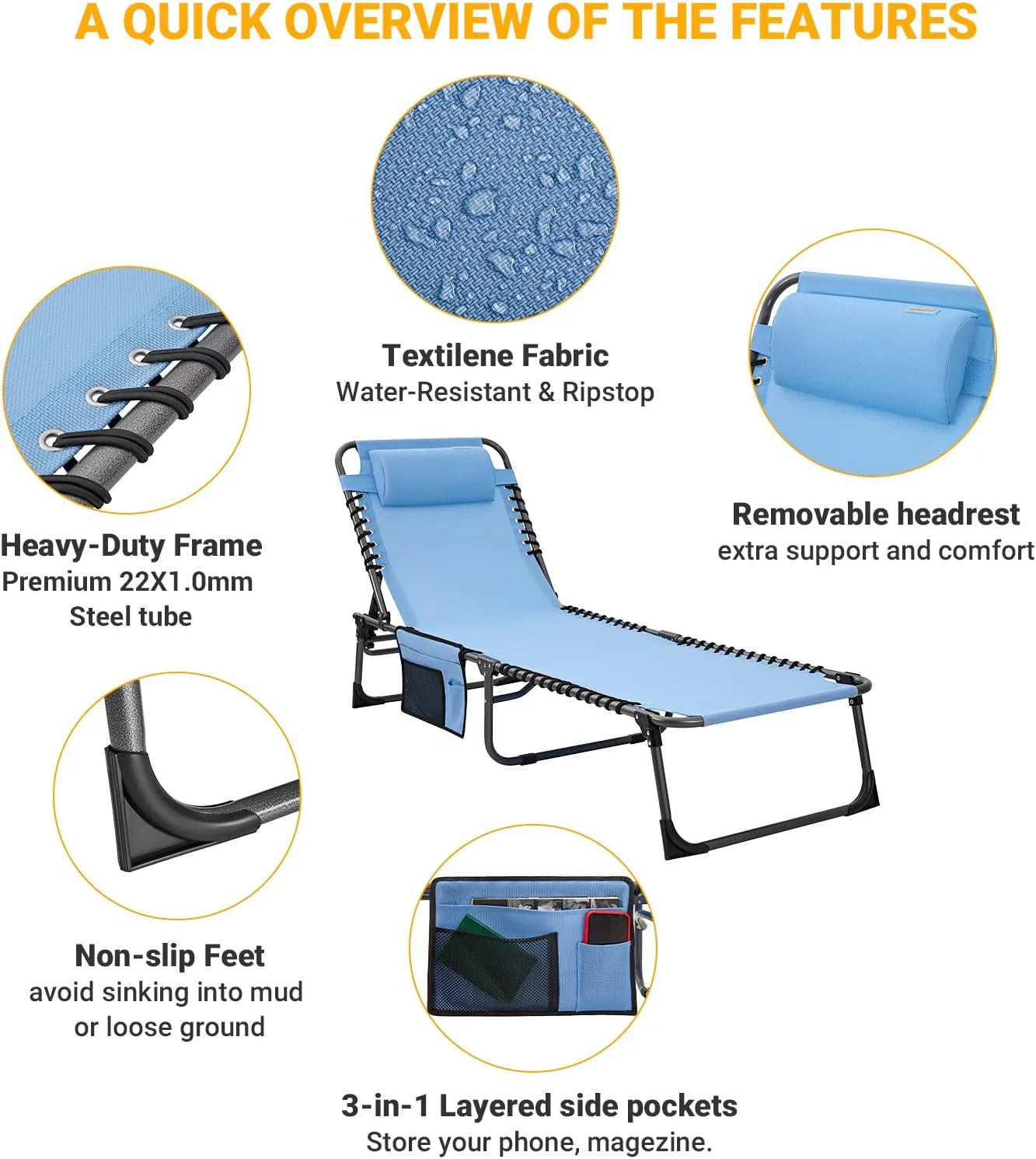 Lot de 2 chaises longues d'extérieur - Chaise longue pliante portable pour patio, piscine, camping, inclinable et réglable sur 5 positions