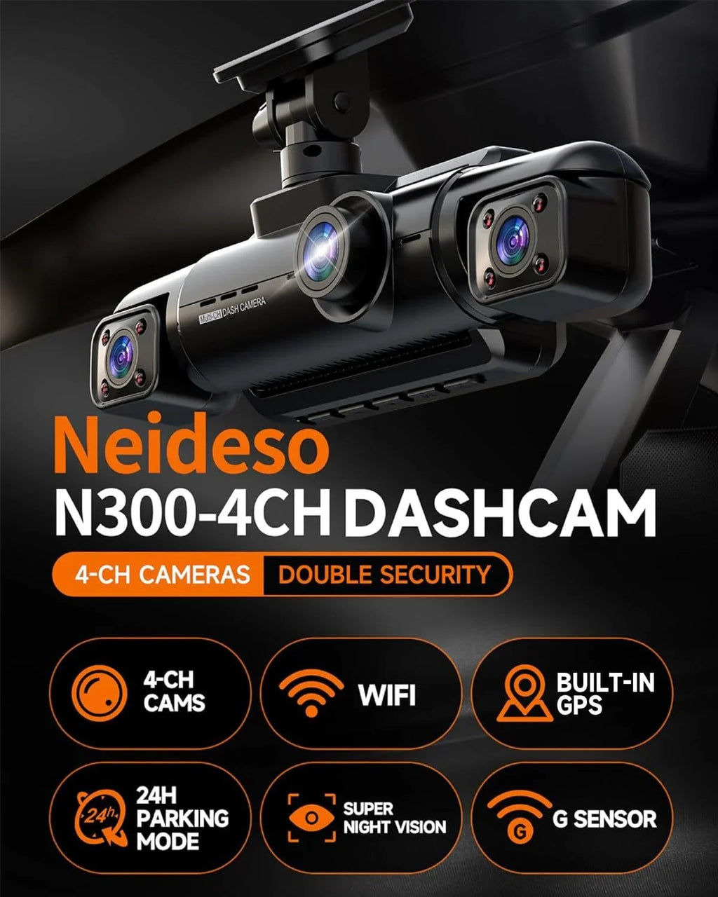 360° 4-kanaals FHD-dashcam (4 x 1080p), wifi, GPS, spraakbediening, 2K + 1080p dashcam aan de voorzijde (x2), met 64GB SD-kaart, nachtzicht, 24/7 parkeermodus 