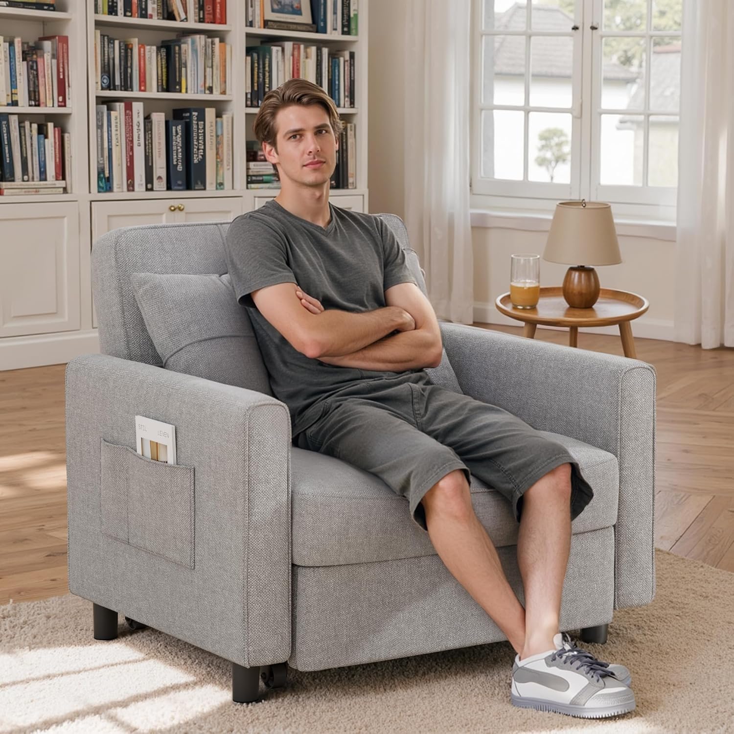 Canapé-lit convertible 3 en 1, convertible en lit simple gigogne avec dossier réglable, spacieux et multifonctionnel