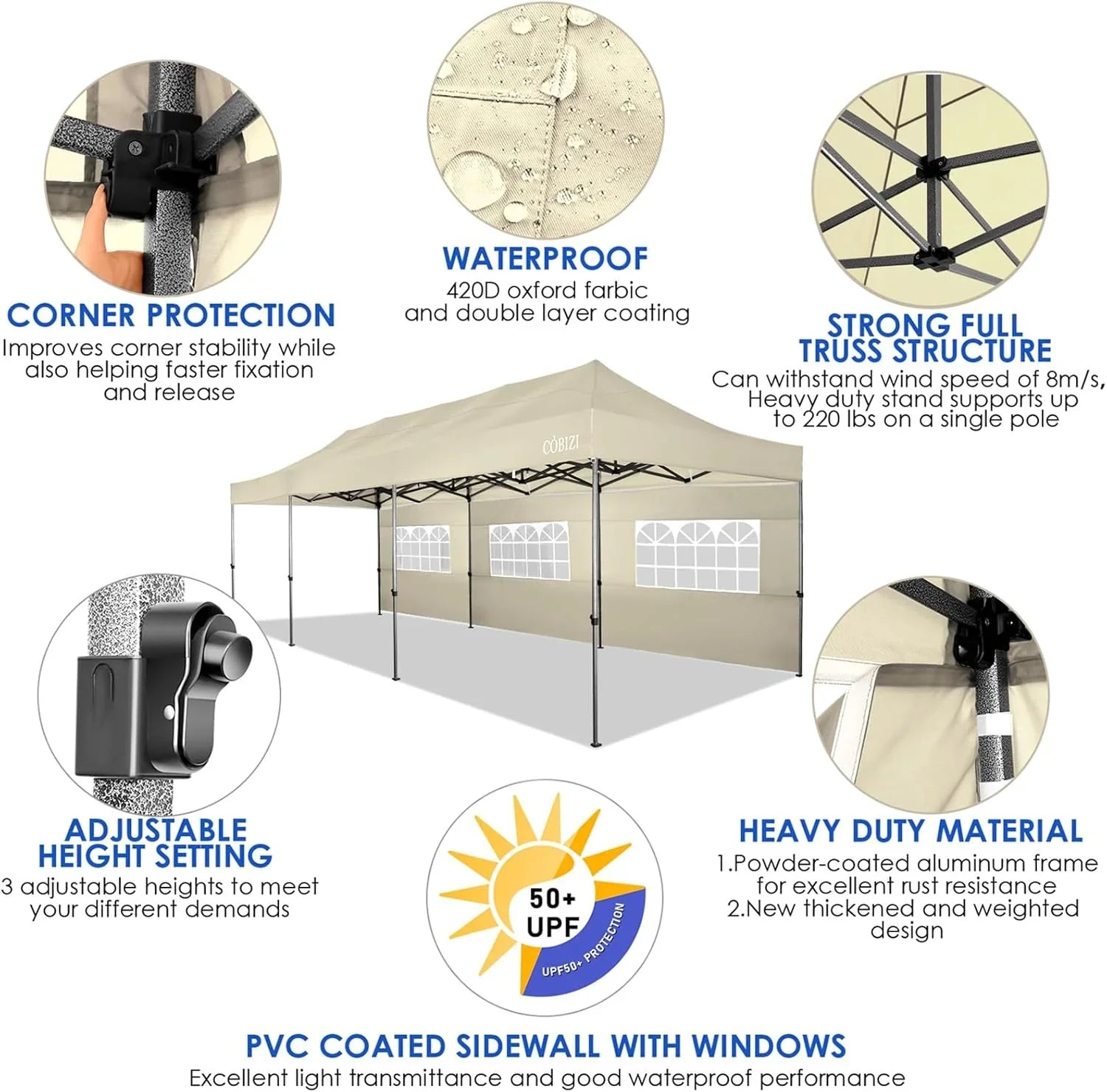 Tente pop-up robuste COBIZI 10x20 avec 6 parois latérales, facile à installer
