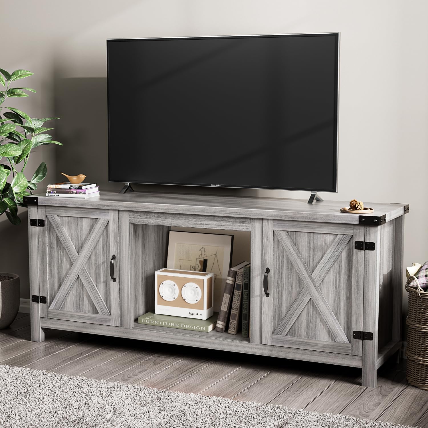 YESHOMY Meuble TV avec cheminée et deux portes de grange, armoires de rangement pour téléviseurs jusqu'à 65 pouces et plus, console de divertissement, meuble multimédia pour salon, 58 pouces