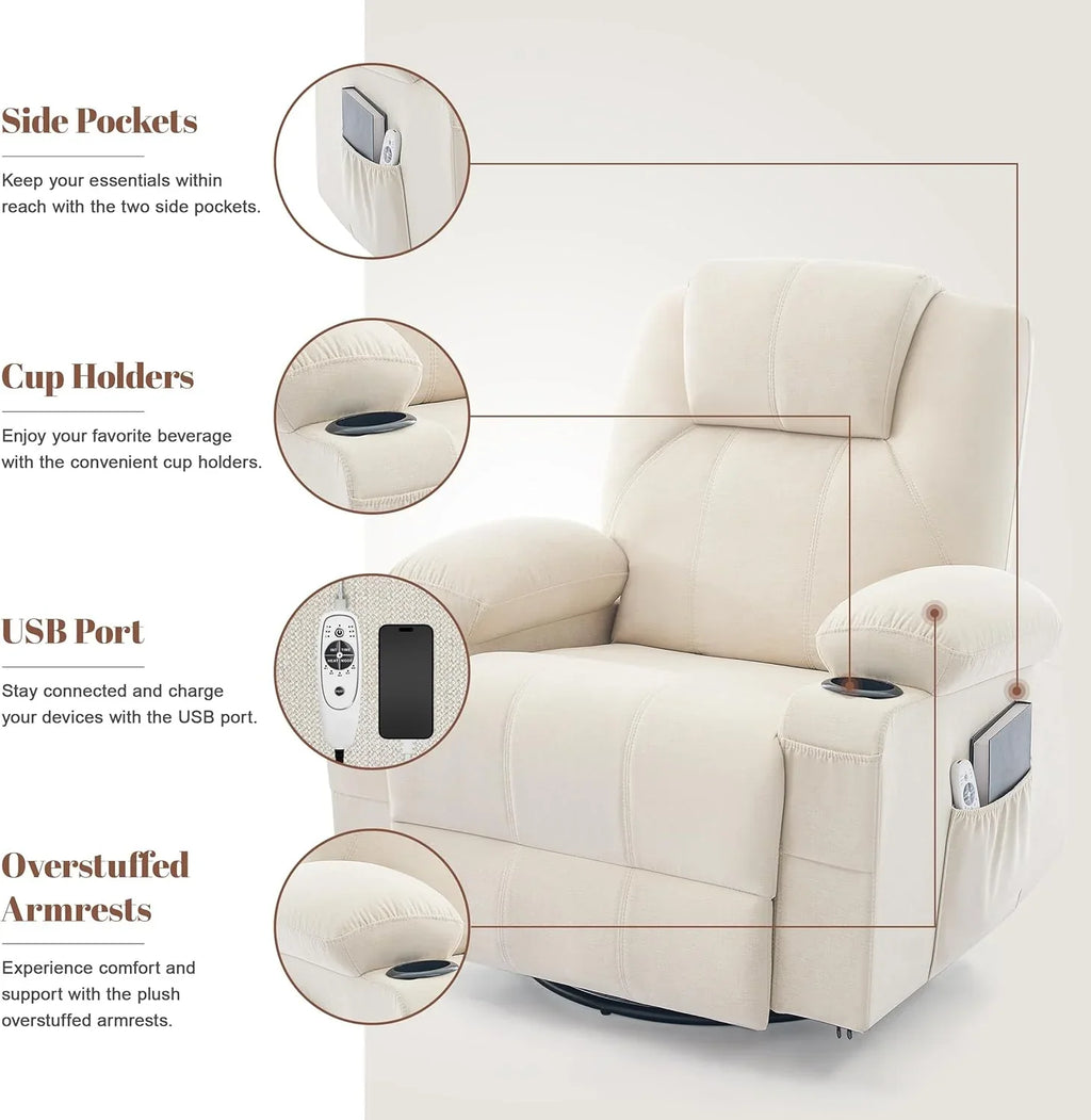 Grand fauteuil inclinable pivotant à bascule avec fonction chauffage et massage, canapé simple pivotant à 360 degrés