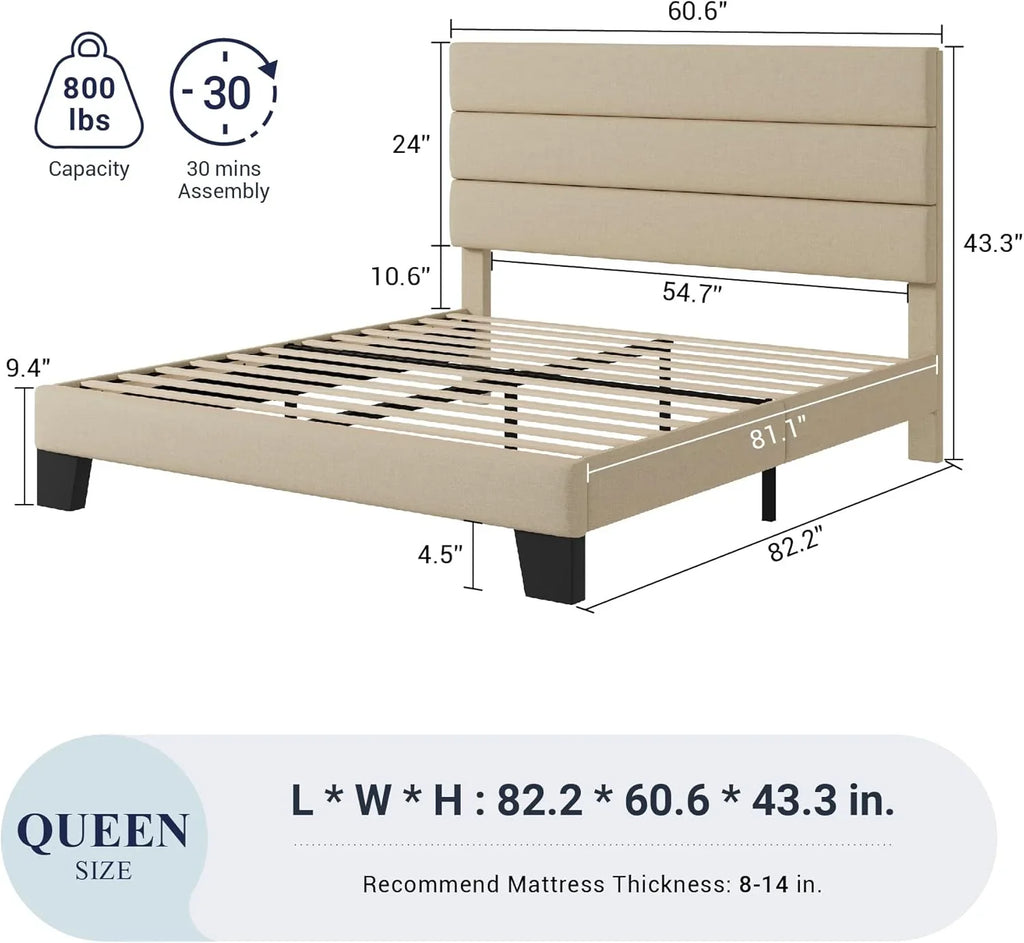 Cadre de lit plateforme Allewie Queen Size avec tête de lit rembourrée en tissu et support à lattes en bois, sommier entièrement rembourré (pas besoin de sommier)