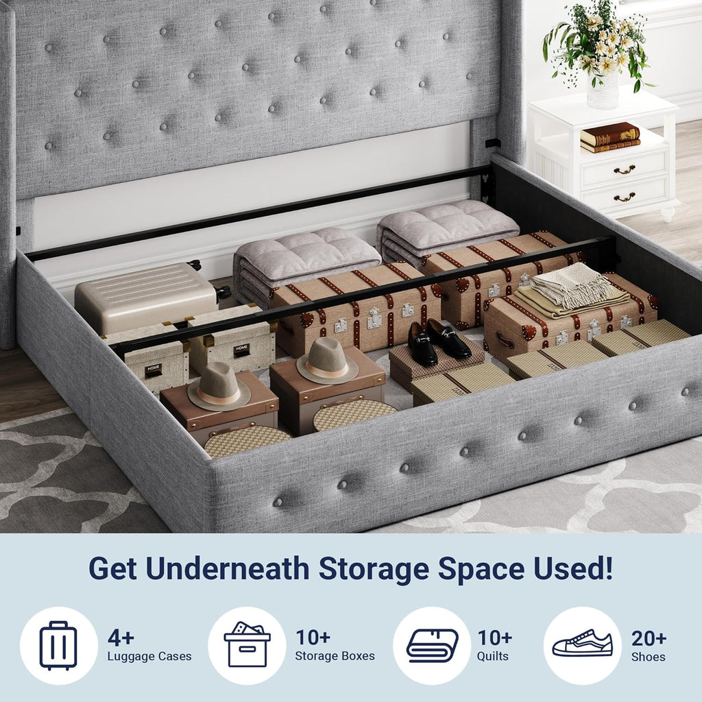 Lit queen-size relevable avec rangement Allewie, tête de lit à oreilles moderne et support hydraulique