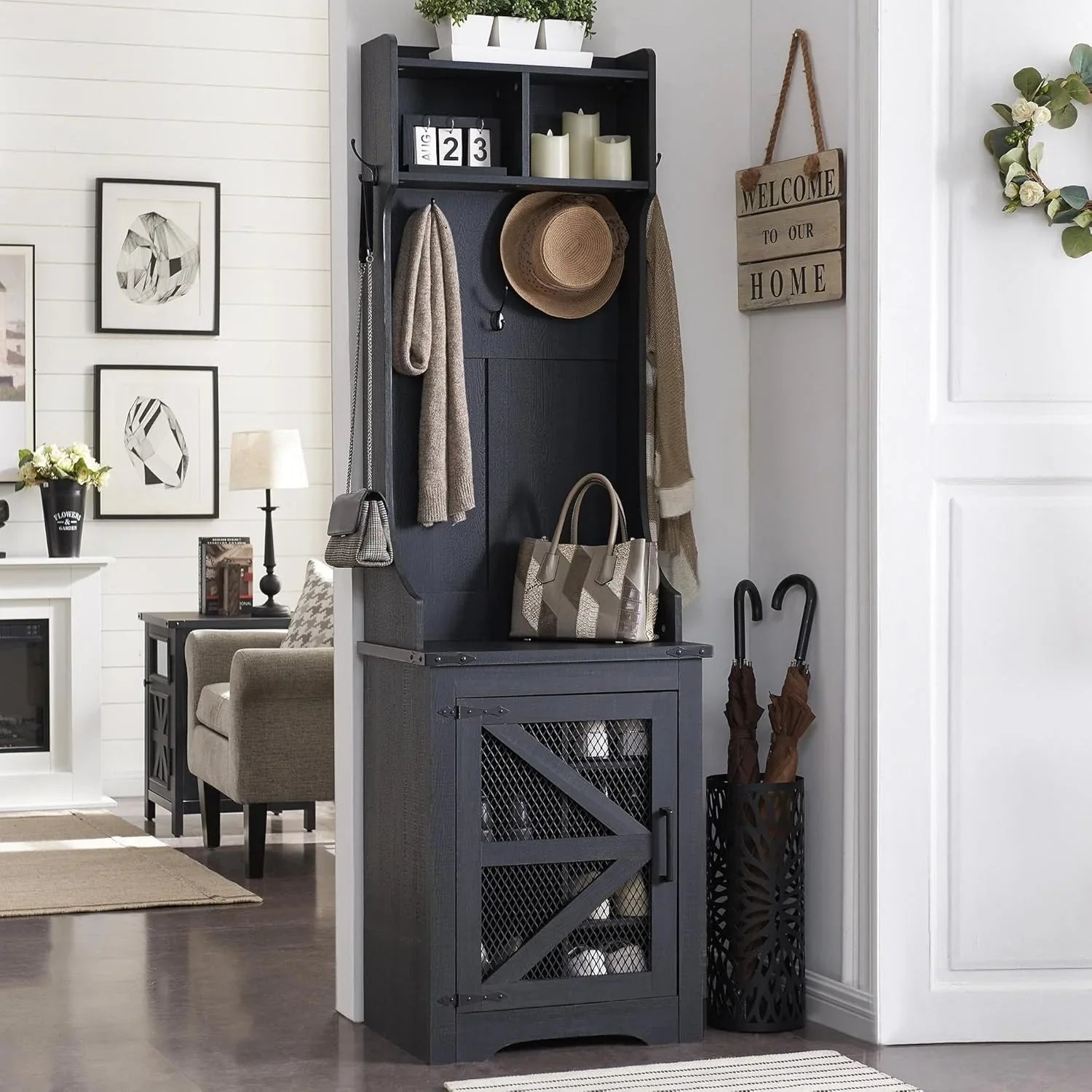 JXQTLINGMU Arbre de foyer de ferme de 59 pouces avec rangement pour chaussures, banc d'entrée, porte-manteau, armoire