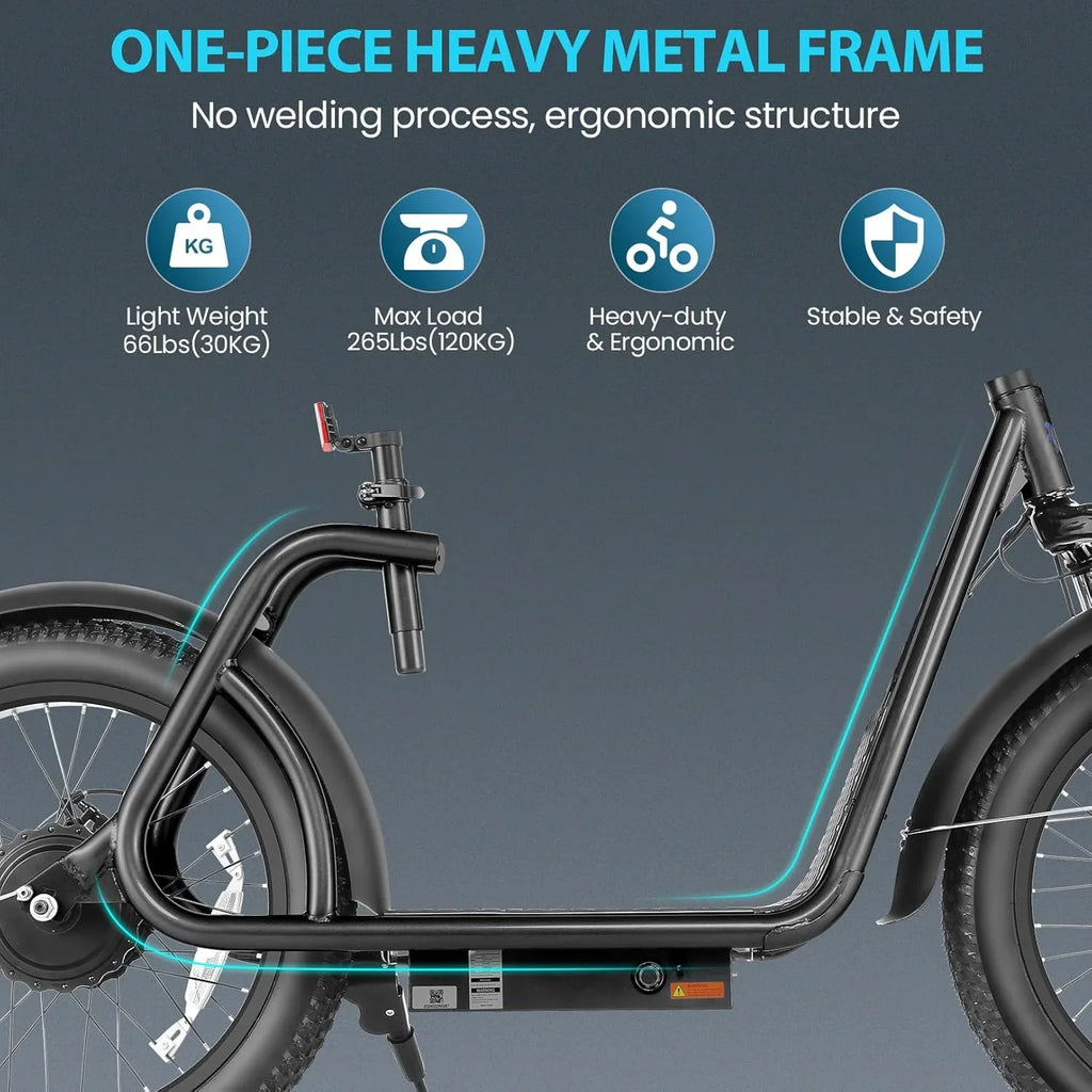 Trottinette électrique pliable Caroma Peak 800 W pour adulte avec pneus de 20 pouces de large, batterie 48 V, panier et siège réglable.