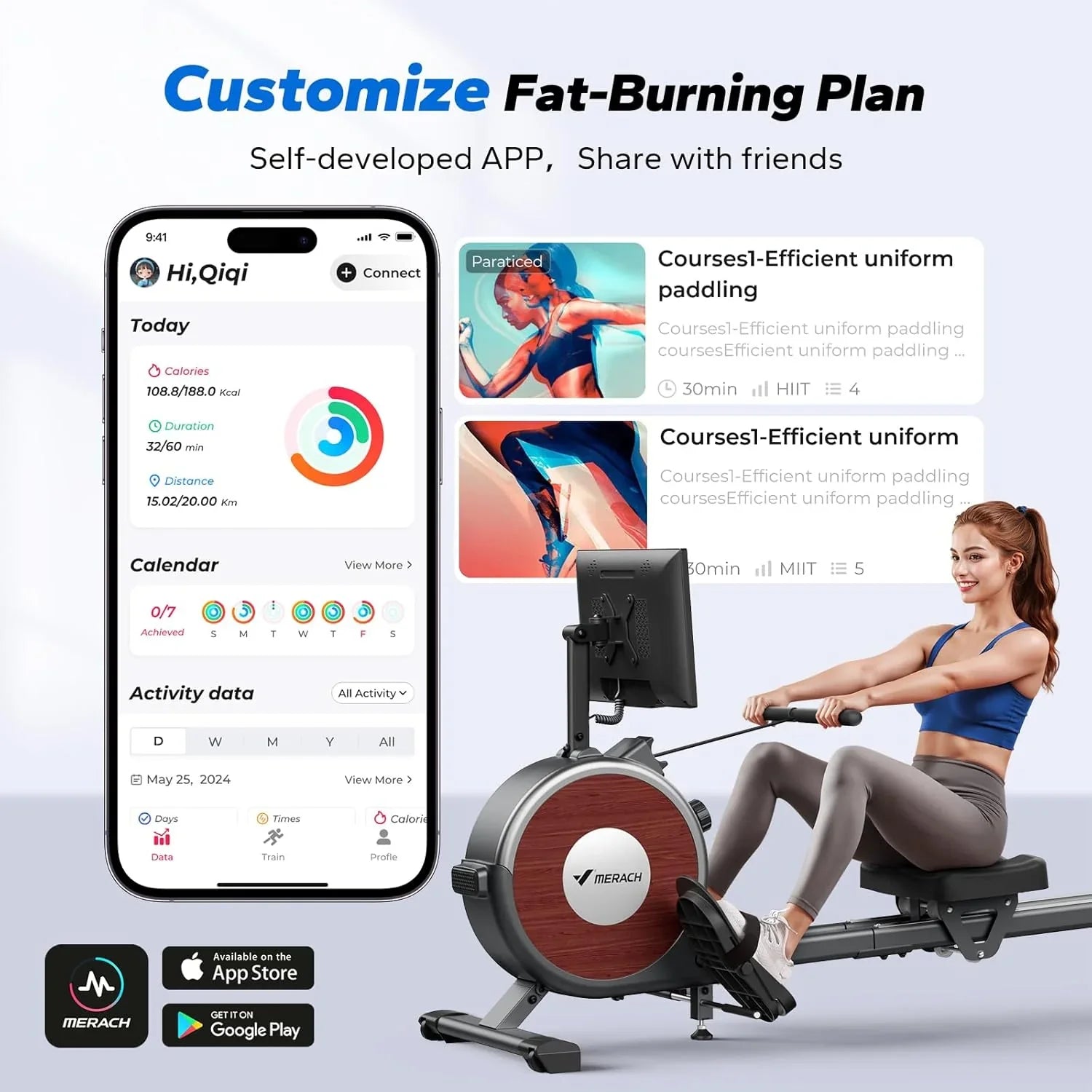 Rameur domestique Merachi à résistance silencieuse et double glissière