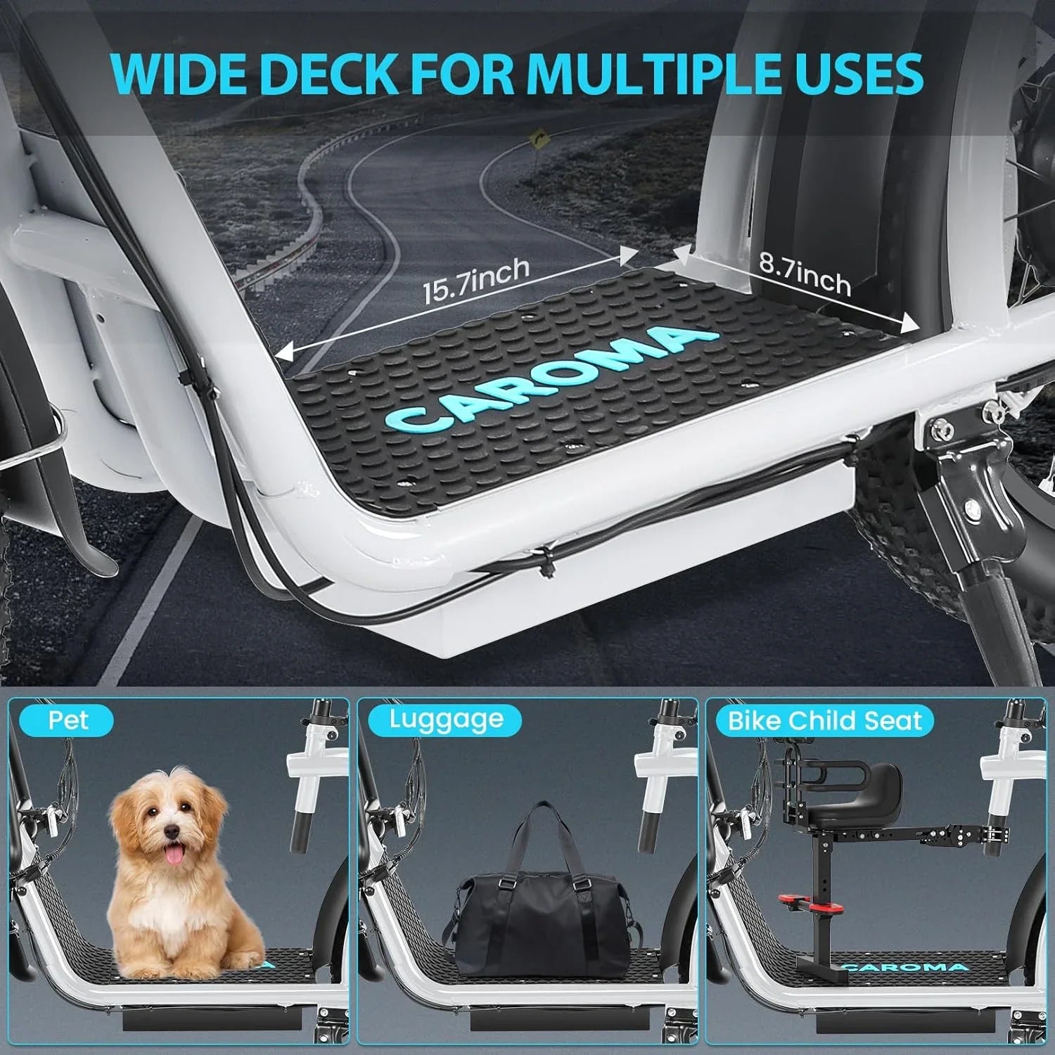 Trottinette électrique pliable Caroma Peak 800 W pour adulte avec pneus de 20 pouces de large, batterie 48 V, panier et siège réglable.