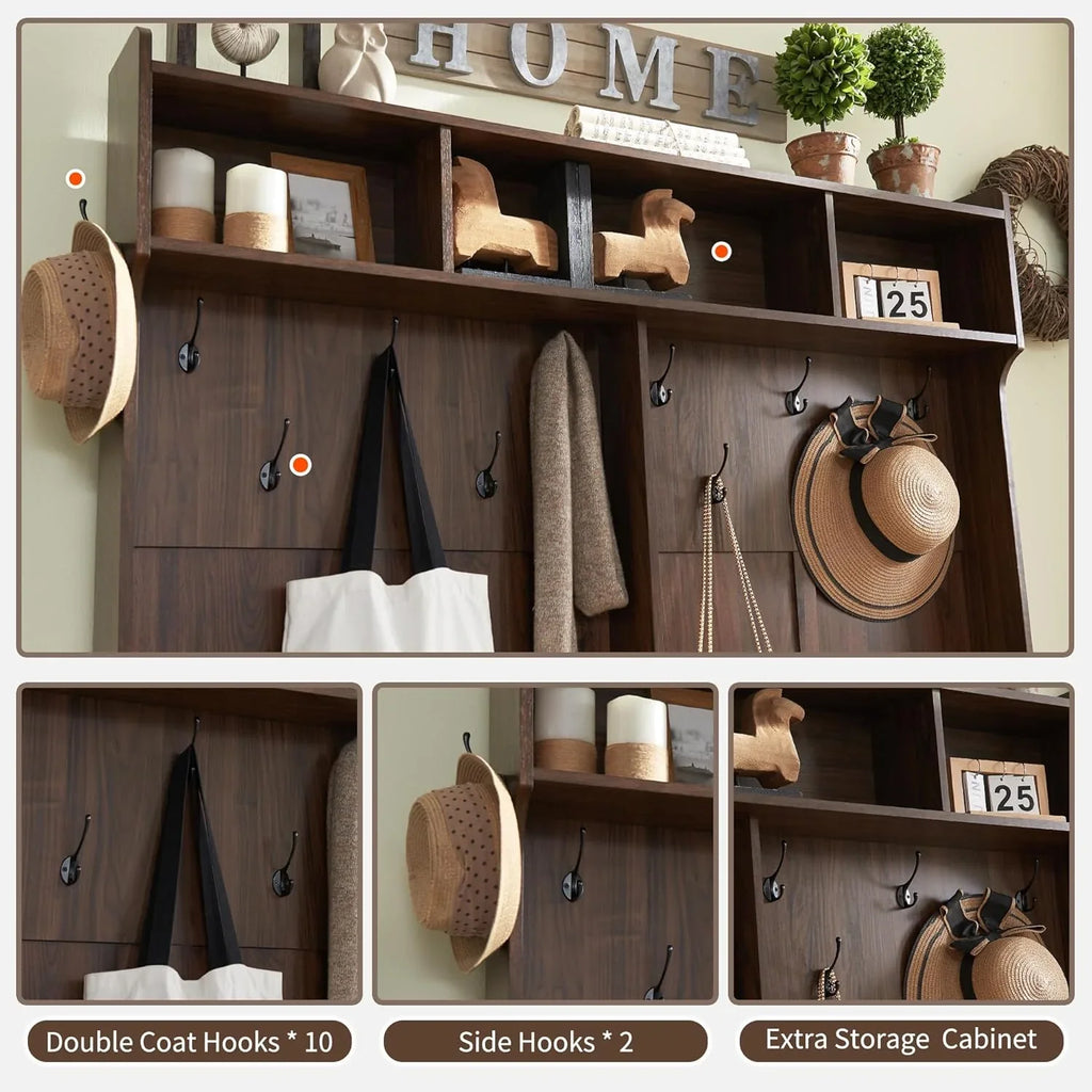 JXQTLINGMU Arbre de foyer de ferme de 59 pouces avec rangement pour chaussures, banc d'entrée, porte-manteau, armoire